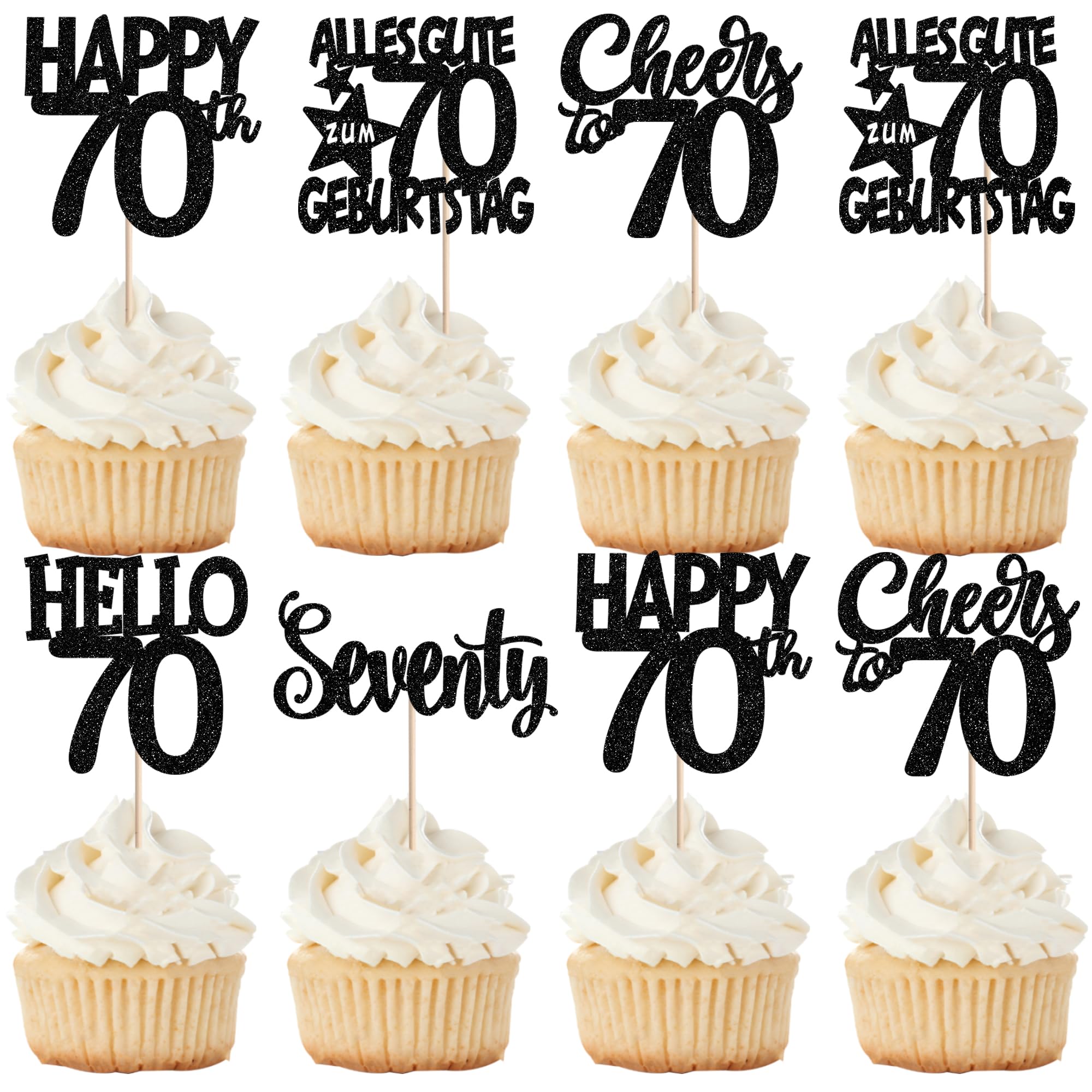 30 Stück 70th Geburtstag Tortendeko Alles Gute zum Geburtstag 70 Kuchen Deko Glitzer Seventy Cupcake Toppers für Prost auf 70th Jahre Jahrestag Party Kuchen Dekorationen Schwarz