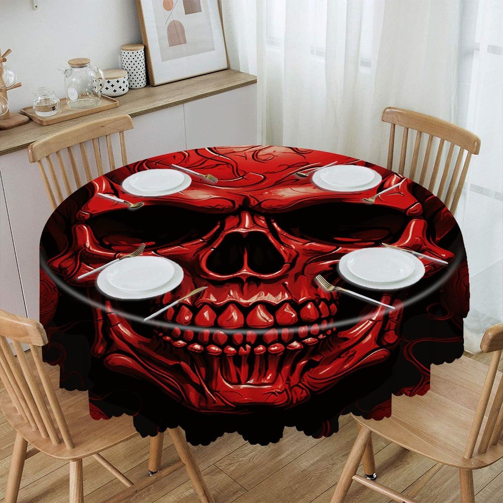 VstaDank Red Skulls Round Tablecloth Wipeable Round Polyester Tablecloth Waterproof Wrinkle Free Indoor and Outdoor Table Cover 60 Inch Decorative Farmhouse Table Cloth for Dining