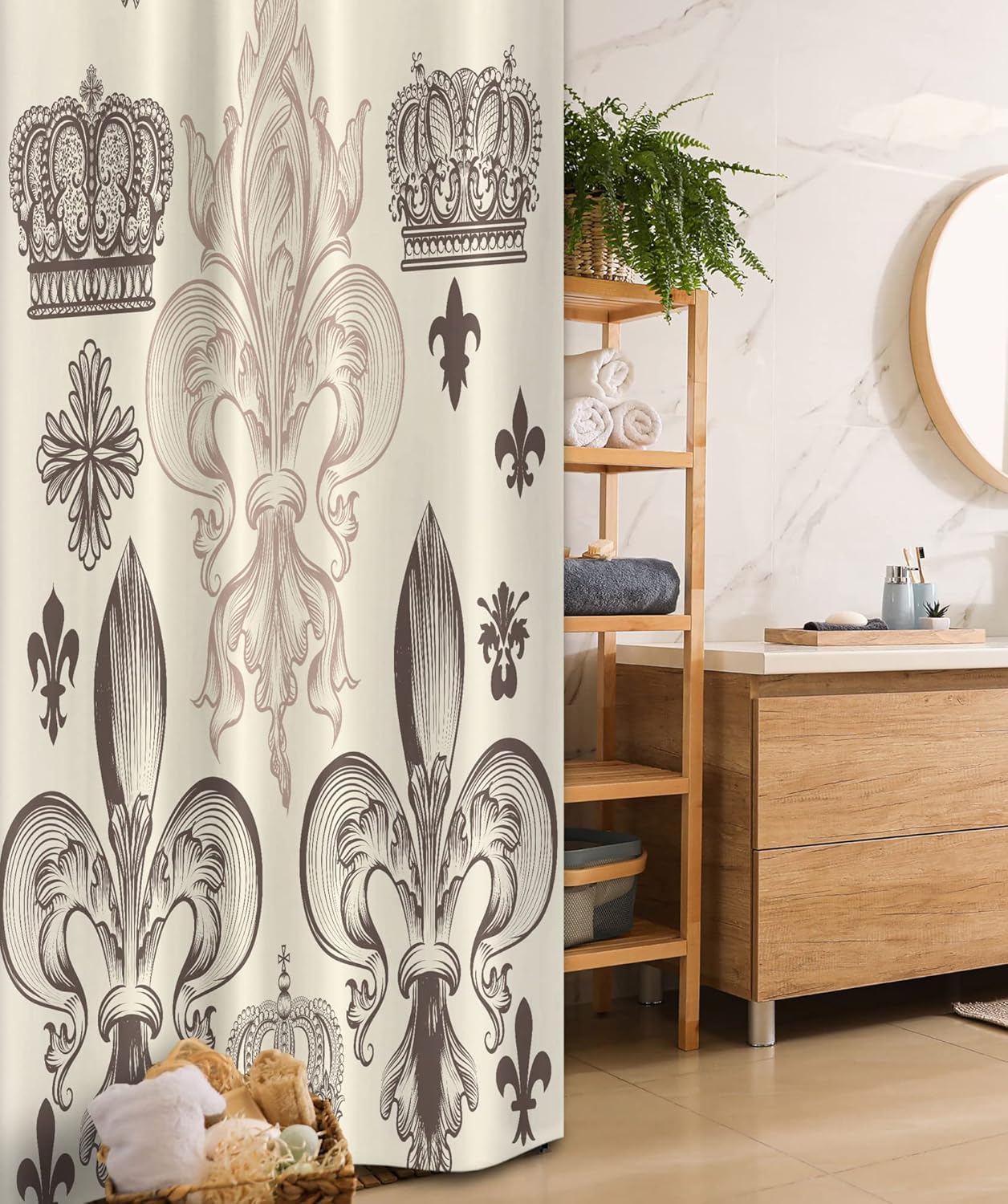 Ambesonne Fleur De Lis Stall Shower Curtain, Heraldic Pattern Royal Flower and Crowns Tiara Coat of Arms Knight, Fabric Bathroom Decor Set with Hooks, 36" W x 72" L, Beige Taupe
