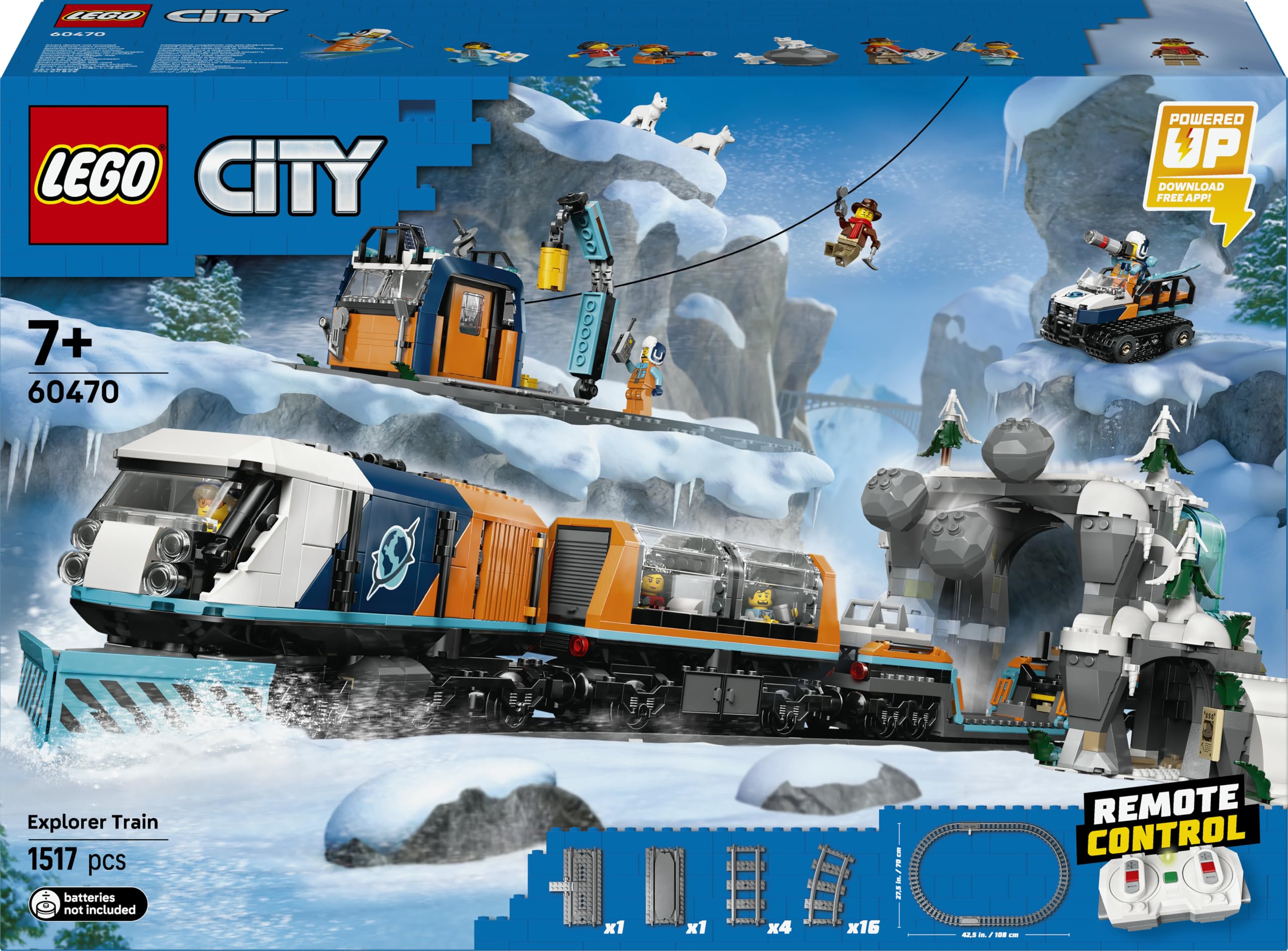 LEGO City Explorers’ Arctic Polar Express Train Set - incl. a Remote-Controlled Train Toy, Snowplough, 22 Track Pieces, 6 Minifigures & a Rockfall Function - Gift for 7+ Year Old Boys & Girls - 60470