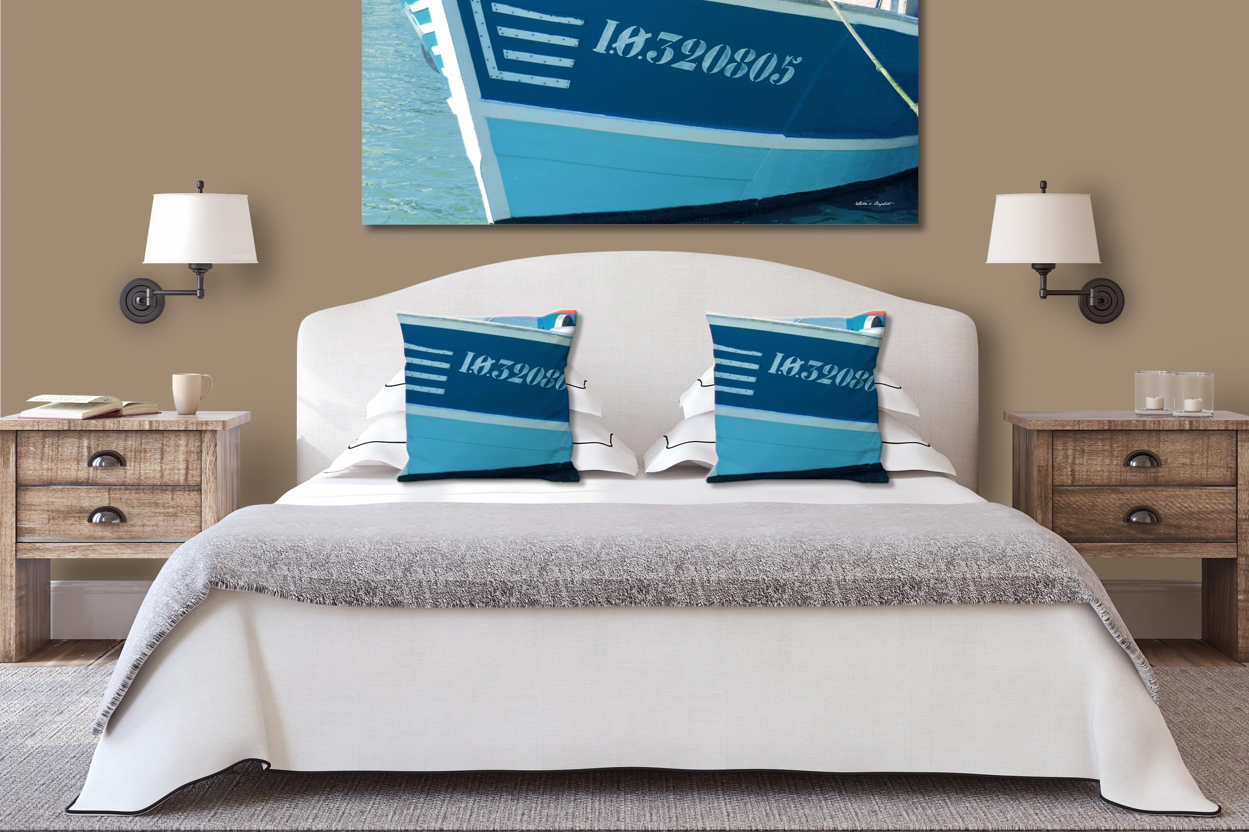 Schiff AHOI 8 - Foto-Kissen-Hülle Set (2 STK.) 40 x 40 cm | Kissen-Bezüge - passend zu Wandbild - Deko-Kissen - Holz-Boot Hafen Schiff Atlantik maritim