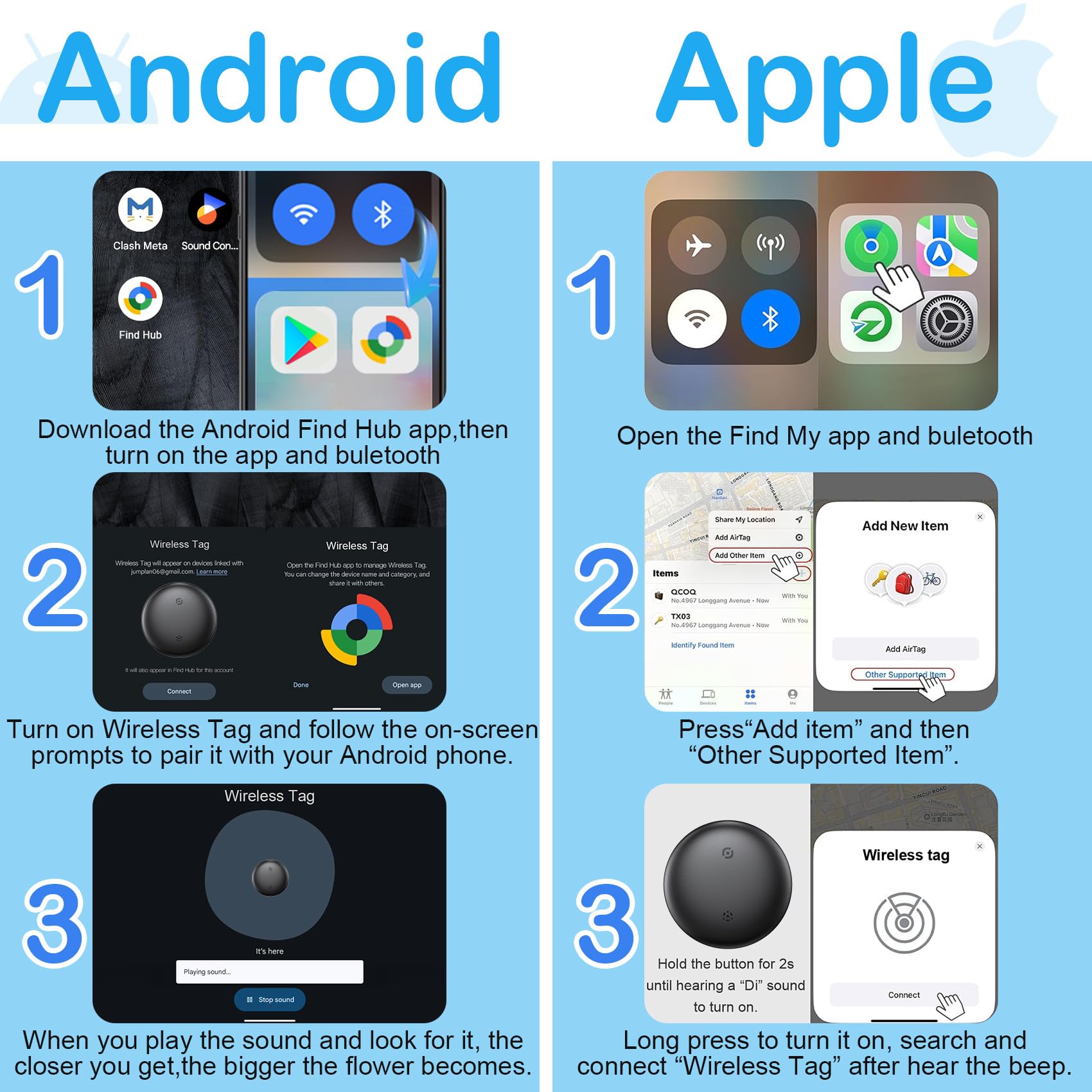 Air Tag Android or iOS, 2 pezzi Smart Tracker Tag Key Finder Compatibile con dispositivi iOS Find My/Google Find Hub, Bluetooth Key Tracker Smart Tag per chiavi, bagagli, valigie (Bianco e Nero)