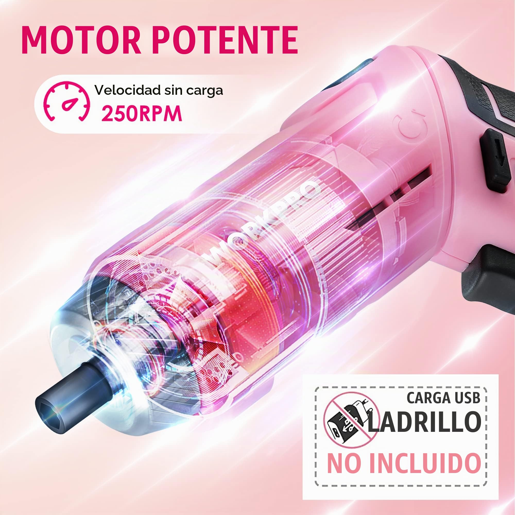 WORKPRO Juego de Herramientas con Destornillador Eléctrico, 73 Piezas Herramientas con Maletín Rosa Portátil, Herramientas Duraderas y Resistentes, Perfecto para Bricolaje, Mantenimiento del Hogar
