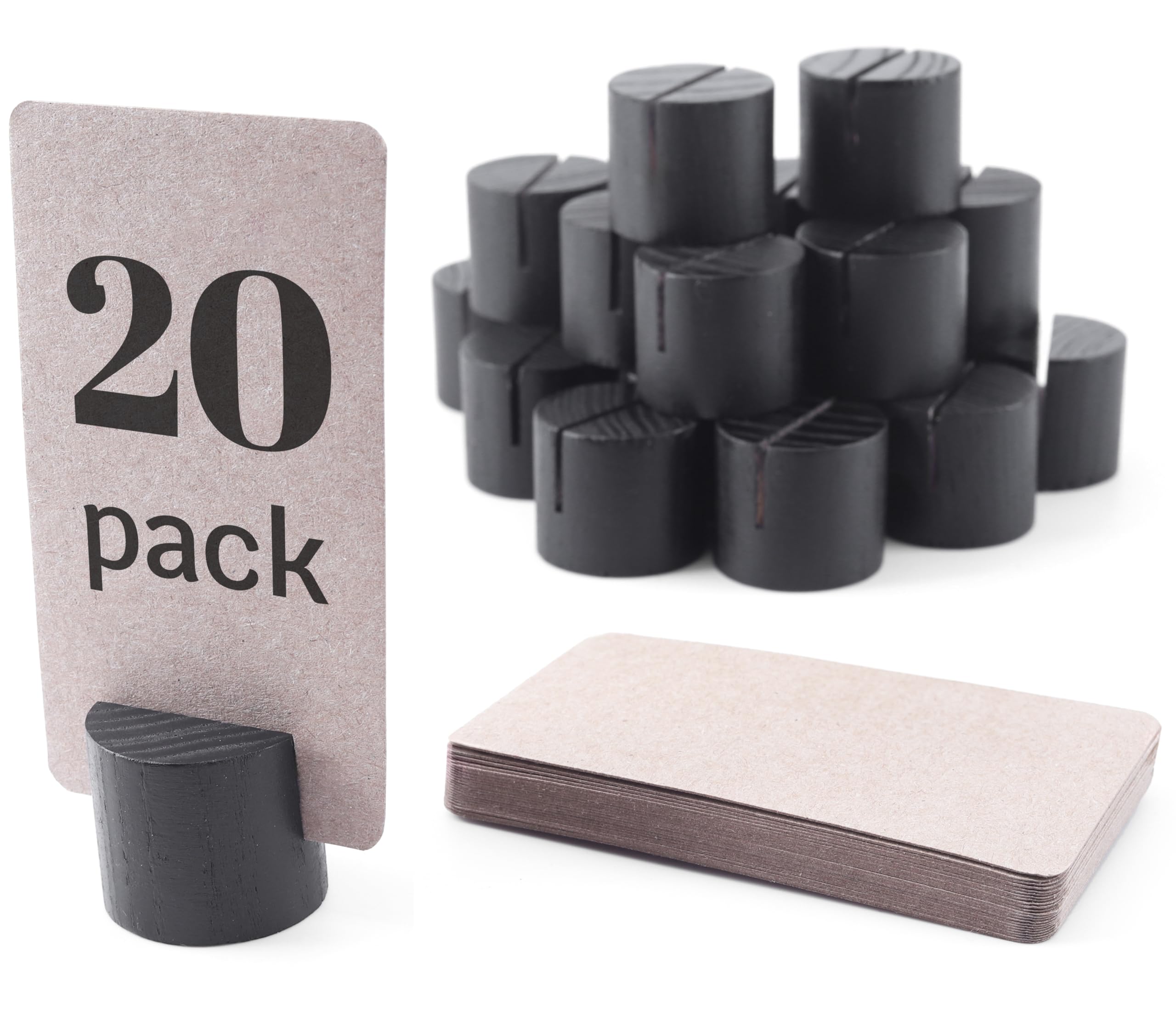 20 Pack Mini Wood Table Number Holders - 25Pcs Kraft Paper Place Cards - Name Card Holders for Tables (Black)