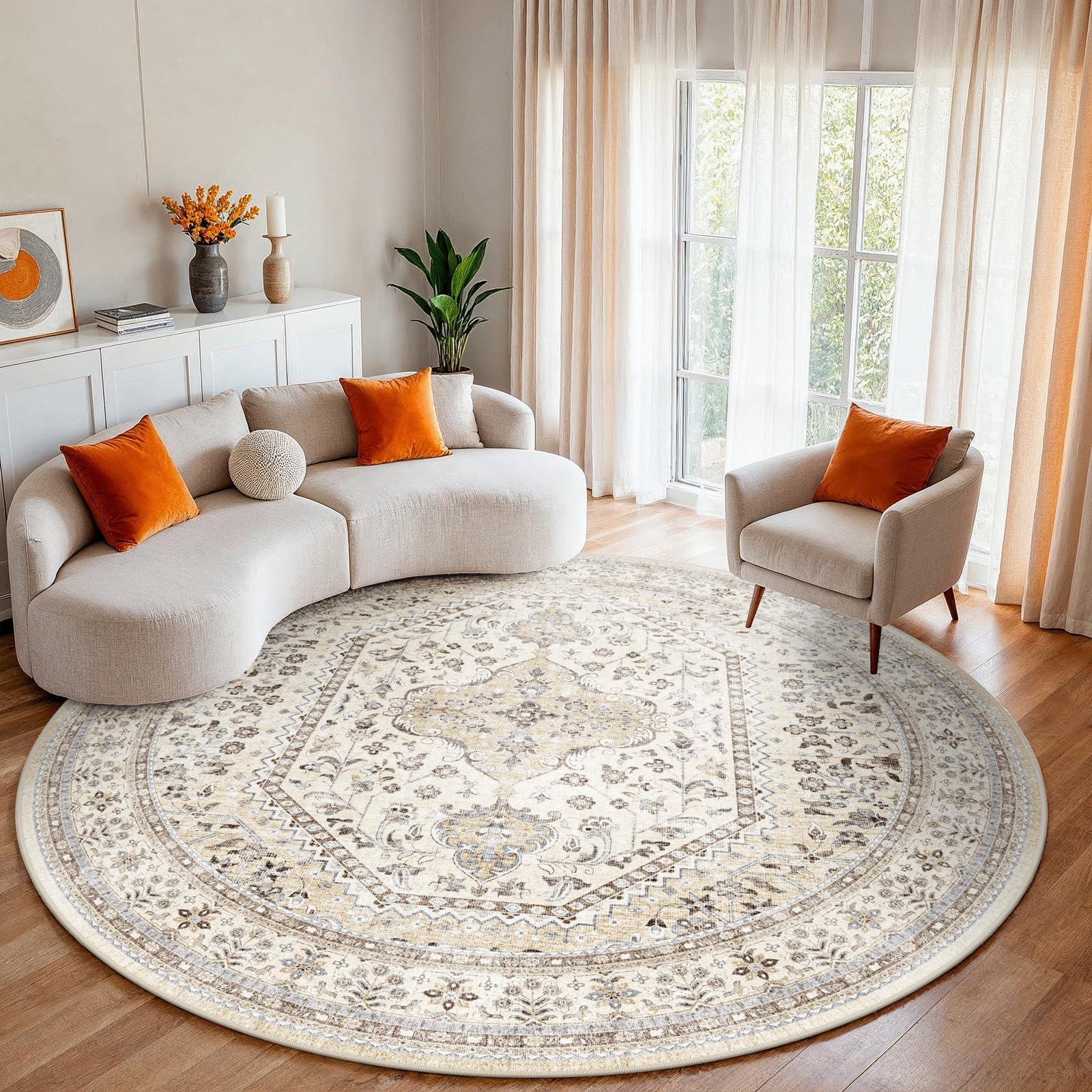 Puino 6Ft Round Rug Washable: Non-Slip Boho Living Room Circle Area Rugs
