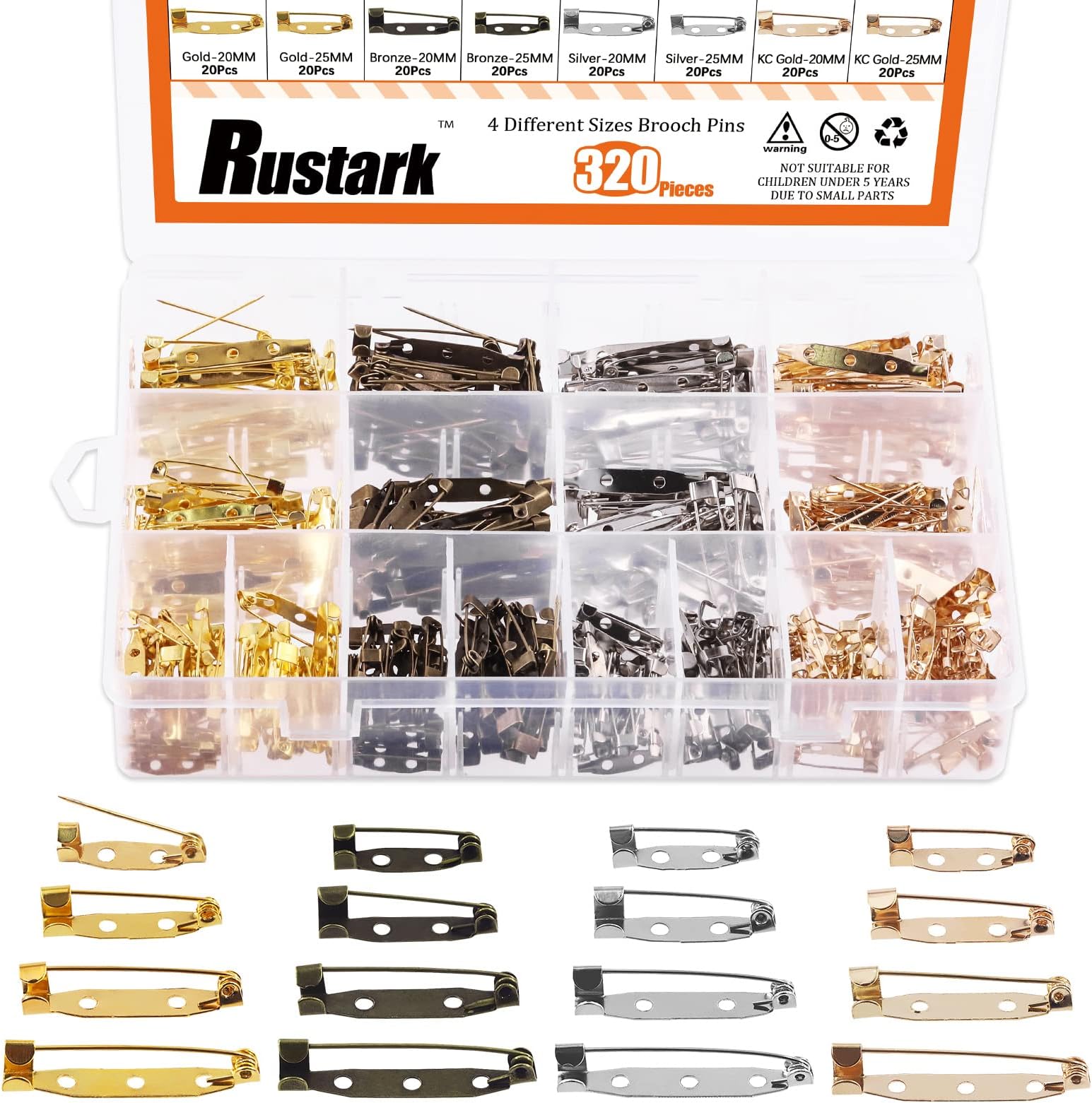 320Pcs 4 Sizes Locking Pins Backs Clasp Brooch Safety Bar Pins Assortment Kit for Badge Jewelry Making Sewing Fabric Name Tags Making Corsage DIY Craft