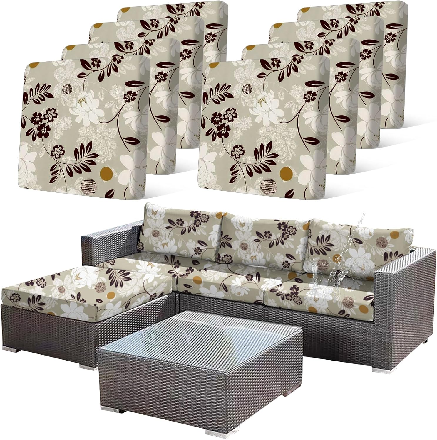 8 Pcs Waterproof Patio Cushion Covers, Floral Printed Stretch Outdoor Sofa Cover for Patio Furniture, Washable Chair Covers Reusable Furniture Protector for Fall Decor (Brown, Cover Only)