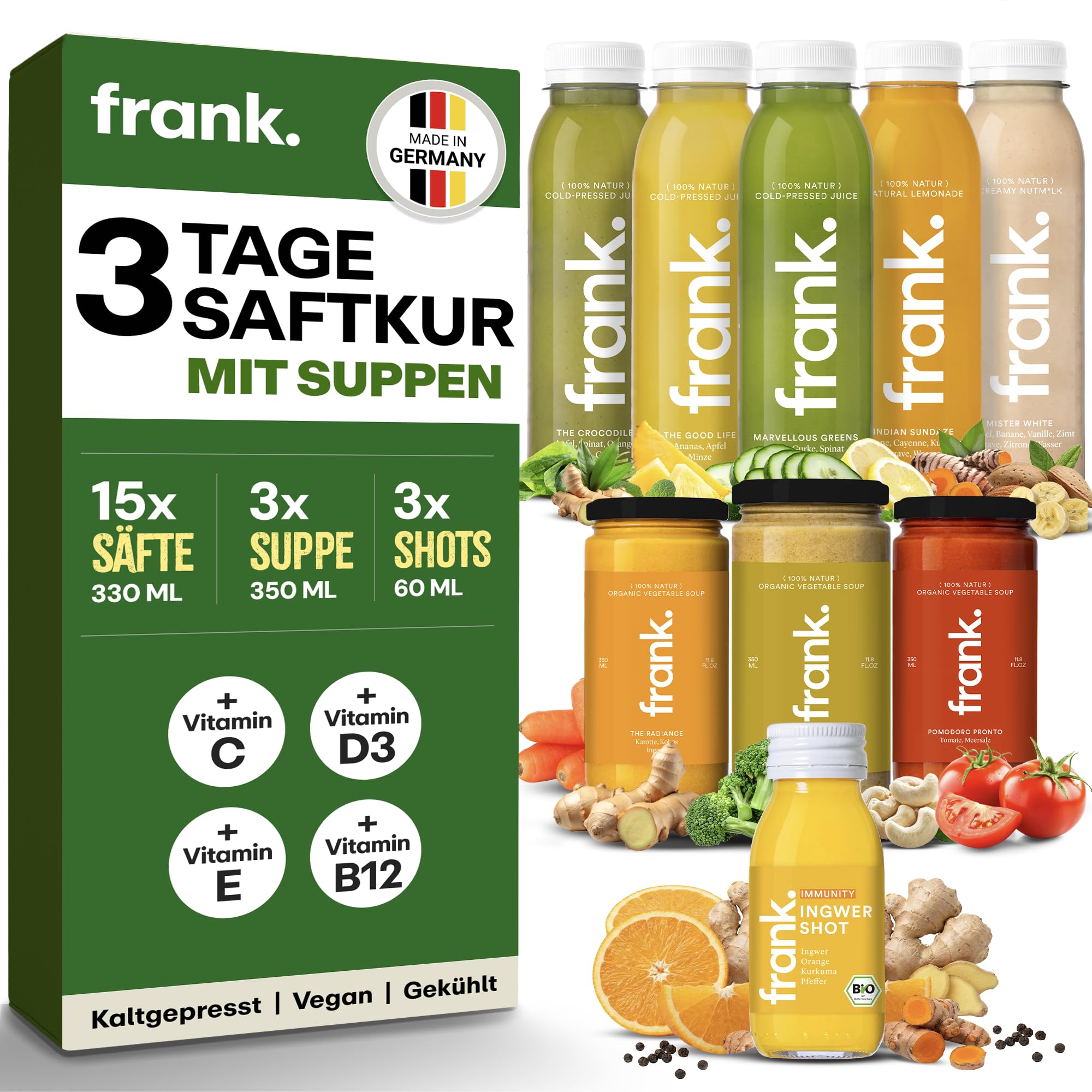 Frank Juice 3 Tage Saftkur mit Suppe | 15 x 330ml Säfte + 3 x 350ml Bio Suppen + 3 x 60ml Bio Ingwer Shot | Direktsaft kaltgepresst Vegan | ideale Fastenkur aus frischem Obst & Gemüse