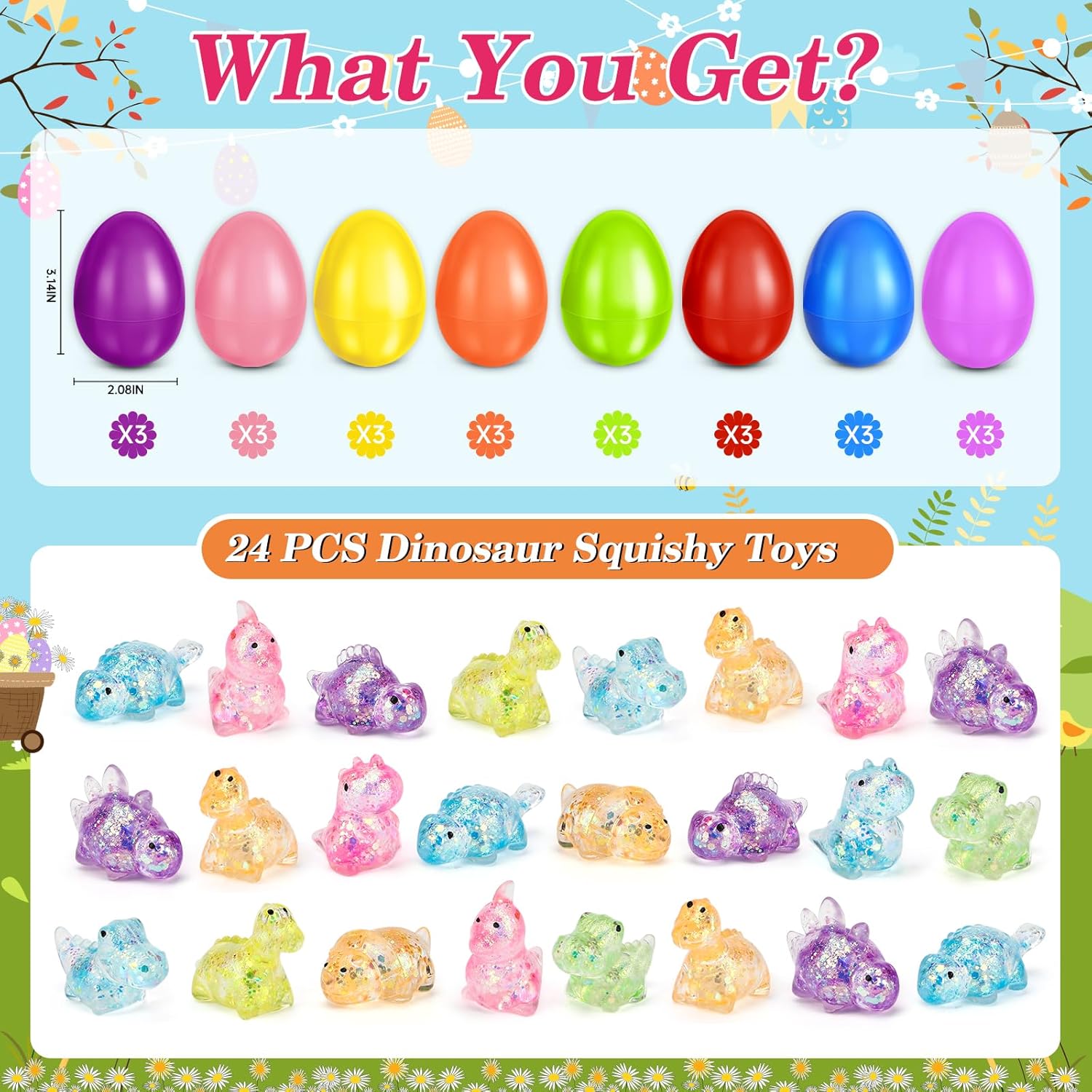 SpringFlower 24 Pack Filled Easter Eggs,Kids Easter Eggs Filled with Squeeze Toys,Easter Egg Hunt Basket Stuffers,Party Favors,Classroom Easter for Girls Boys, Easter Basket Essentials
