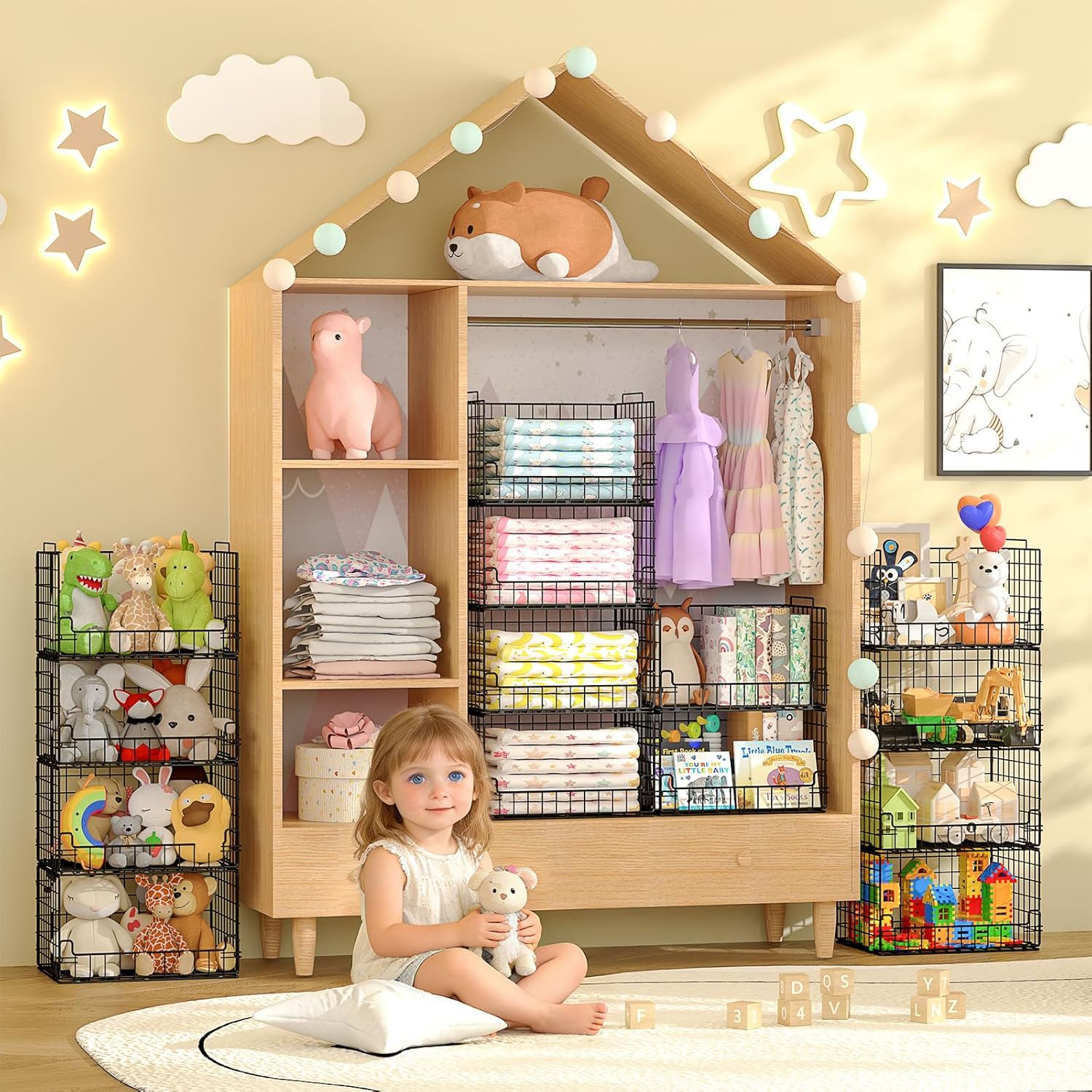 4-Tier Stackable Closet Organizers and Storage Basket - Foldable Closet Shelf Organizer System, Sturdy Metal Space-Saving Clothes Storage Bins for Wardrobe, Black