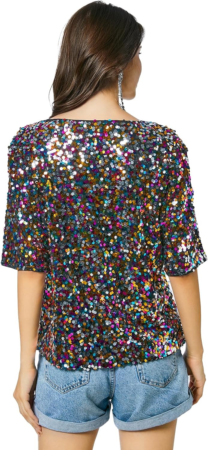 Women’s Sequin Tops Glitter V Neck Loose Summer Shirt Half Sleeve Sparkly Disco Party Plus Size Tunic Blouses