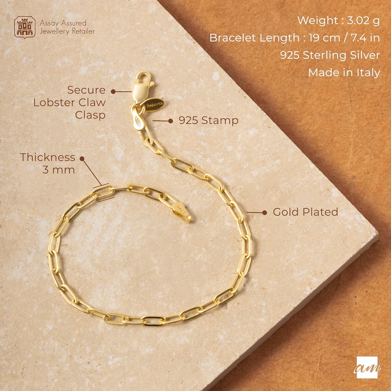 Amberta Solid 925 Sterling Silver Paperclip Bracelet for Women Men | Italian Paperclip Link Chain Bracelet | Silver Link Charm Bracelet 7 8 inch