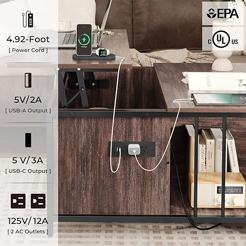 Miniatura 5 de AOGLLATI Lift Top Coffee Table with Storage and Hidden Compartment Farmhouse Square Coffee Table with Charging Station Wood Lift Tabletop Central