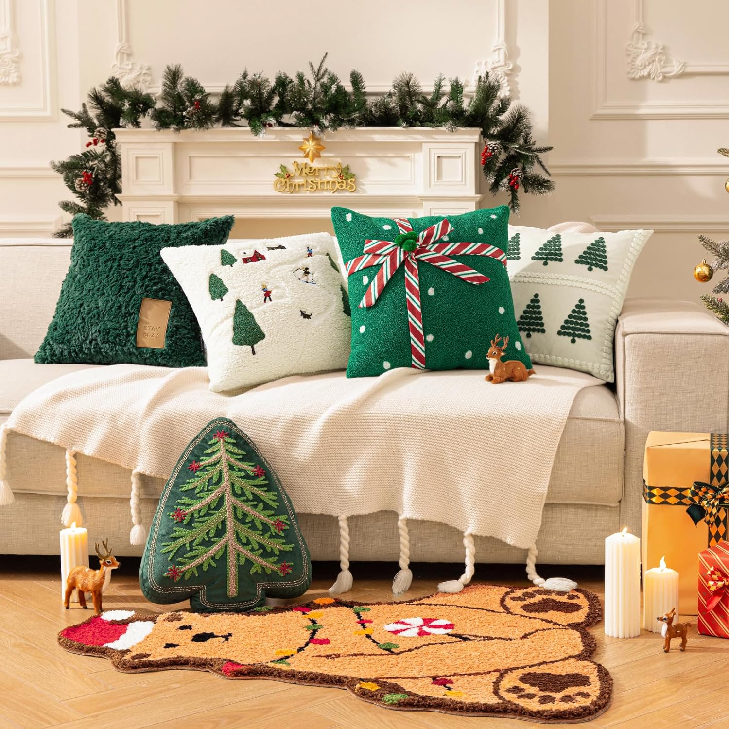 Phantoscope Pack of 4 Merry Christmas Throw Pillow Covers, Soft Faux Fur Sherpa Christmas Pillow Covers, Velvet Santa Tree Decorative Pillow Case Cushion Cover, Green and White, 18 x 18 inch