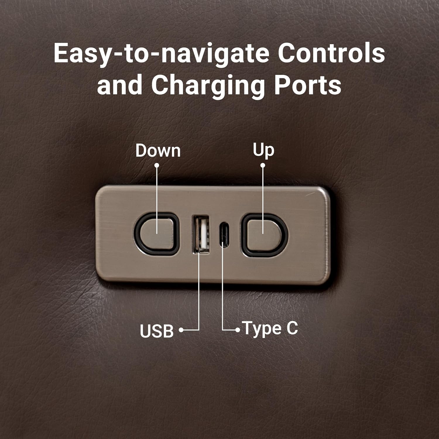 Close-up of the recliner's control panel with USB and Type-C ports.