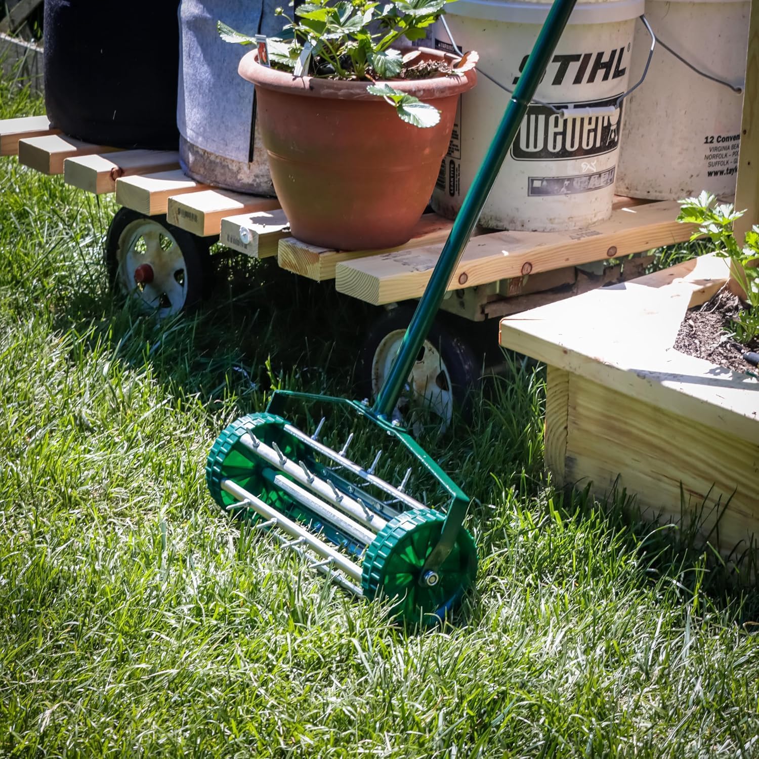 Manual Push Heavy Duty Rolling Lawn Aerator: 16-Inch Rotary Push Tine Spike Tool with 3-Piece Long Steel Anti-Slip Handle, Soil Aeration/Health for Garden Yard (Green)
