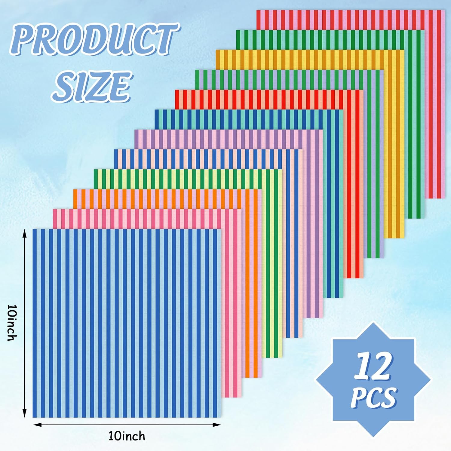 Whaline 12 Pcs Colorful Cotton Fabric Bundles Fabric Squares Multicolor Stripe Sewing Fabrics for Spring DIY Crafts Party Decor, 10 x 10 Inch