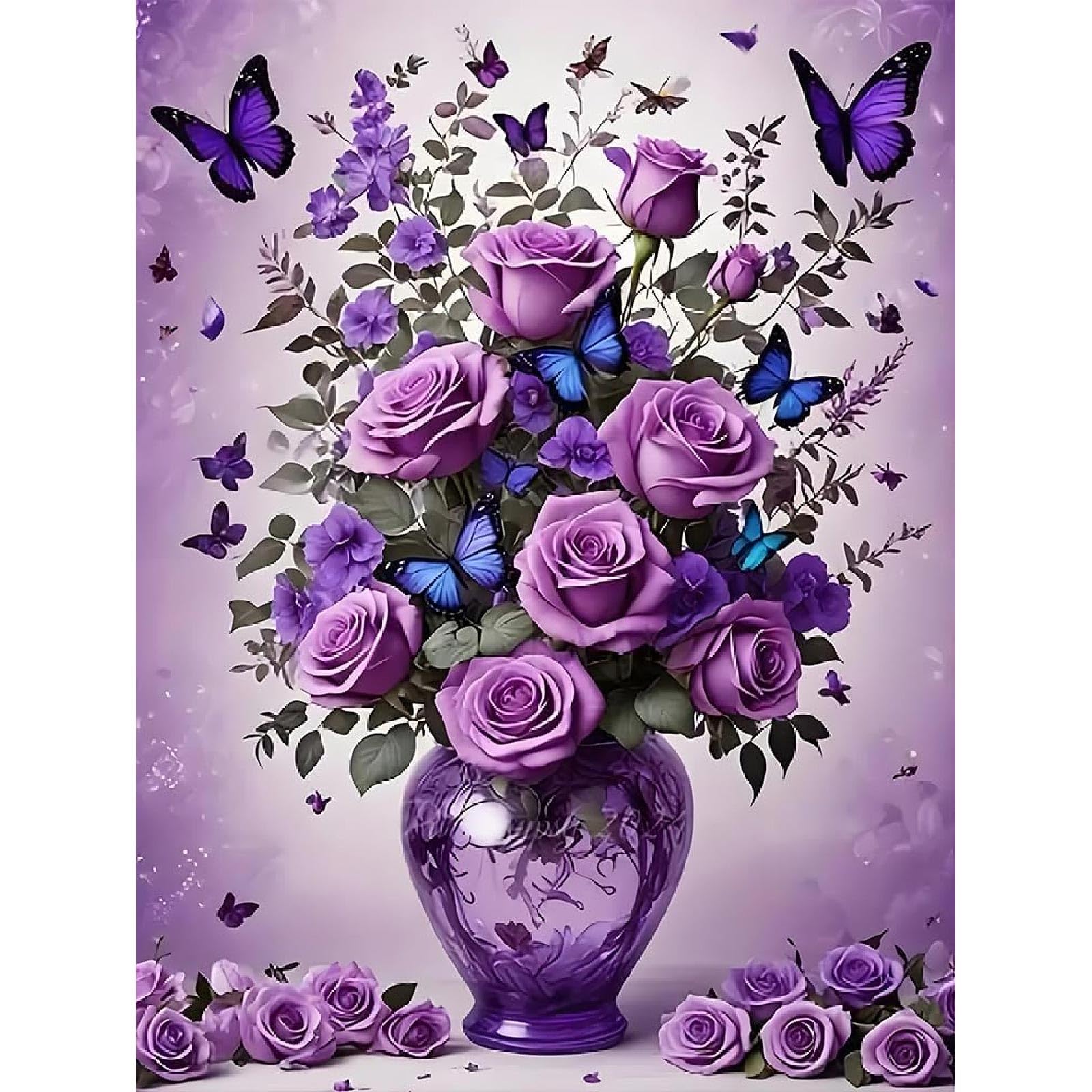 Jakener Diamond Art-Butterfly Flower-251222 Floral&Butterfly Diamond Art Kits Adults, 5D Diamond Painting Kit For Adults, Fun Diy Full Round Drill Crystal Gem Art Craft, Adults Paint By Diamonds Dots Home Wall Decor 12X16 Inch