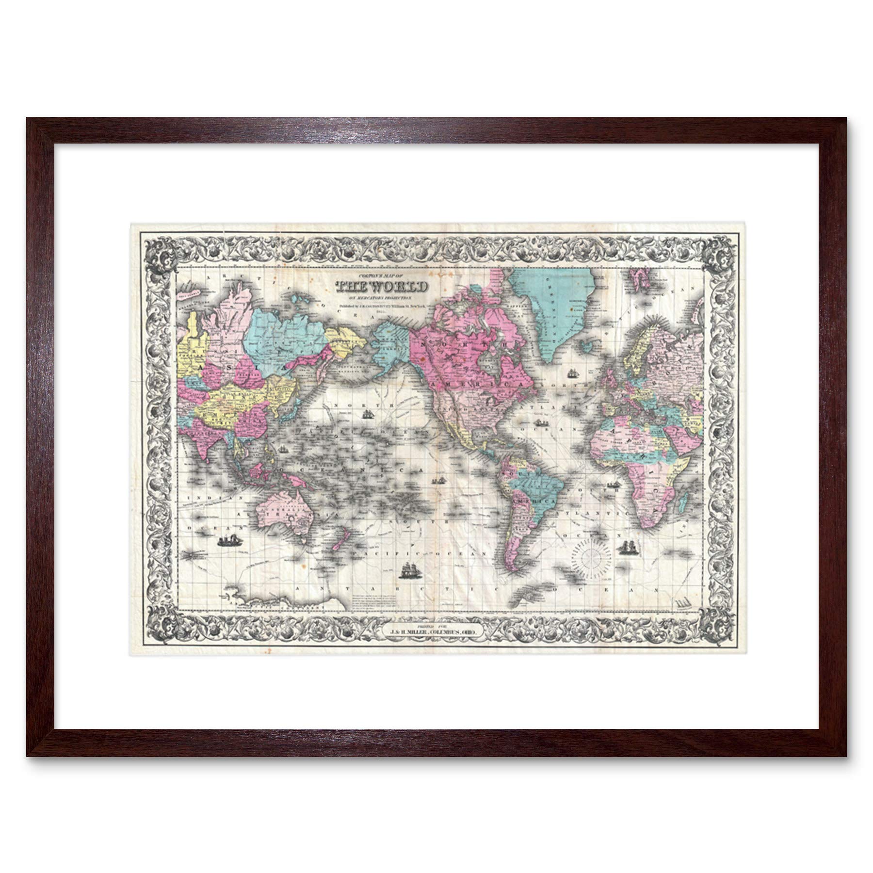 Wee Blue Coo 1852 Colton Map The World On Mercator's Projection Vintage Art Framed Wall Art Print