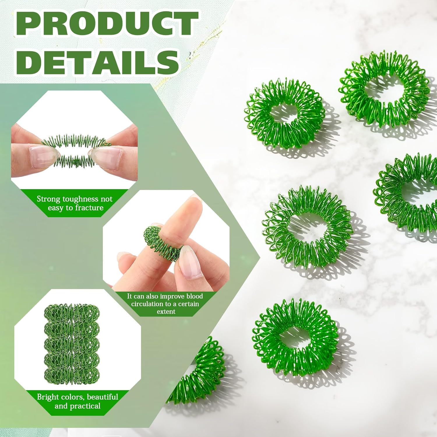 Tondiamo 100 Pack Spiky Sensory Acupressure Finger Rings,Grass Green image 3