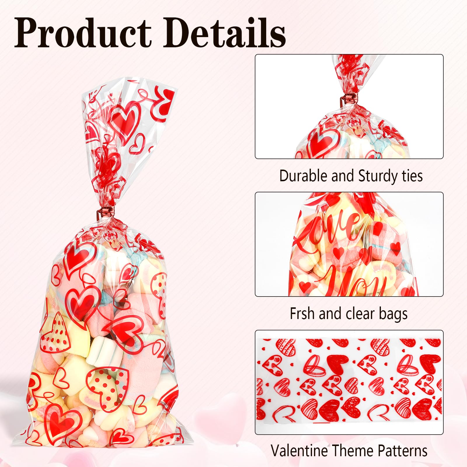 Valentine Treat Bags, 100 Pcs Valentines Cellophane Bags, Plastic Clear Red Valentine Candy Cookie Gift Goodie Snack Bag with 100 Pcs Twist Ties for Valentines Wedding Party Favor Supplies, 5 Styles