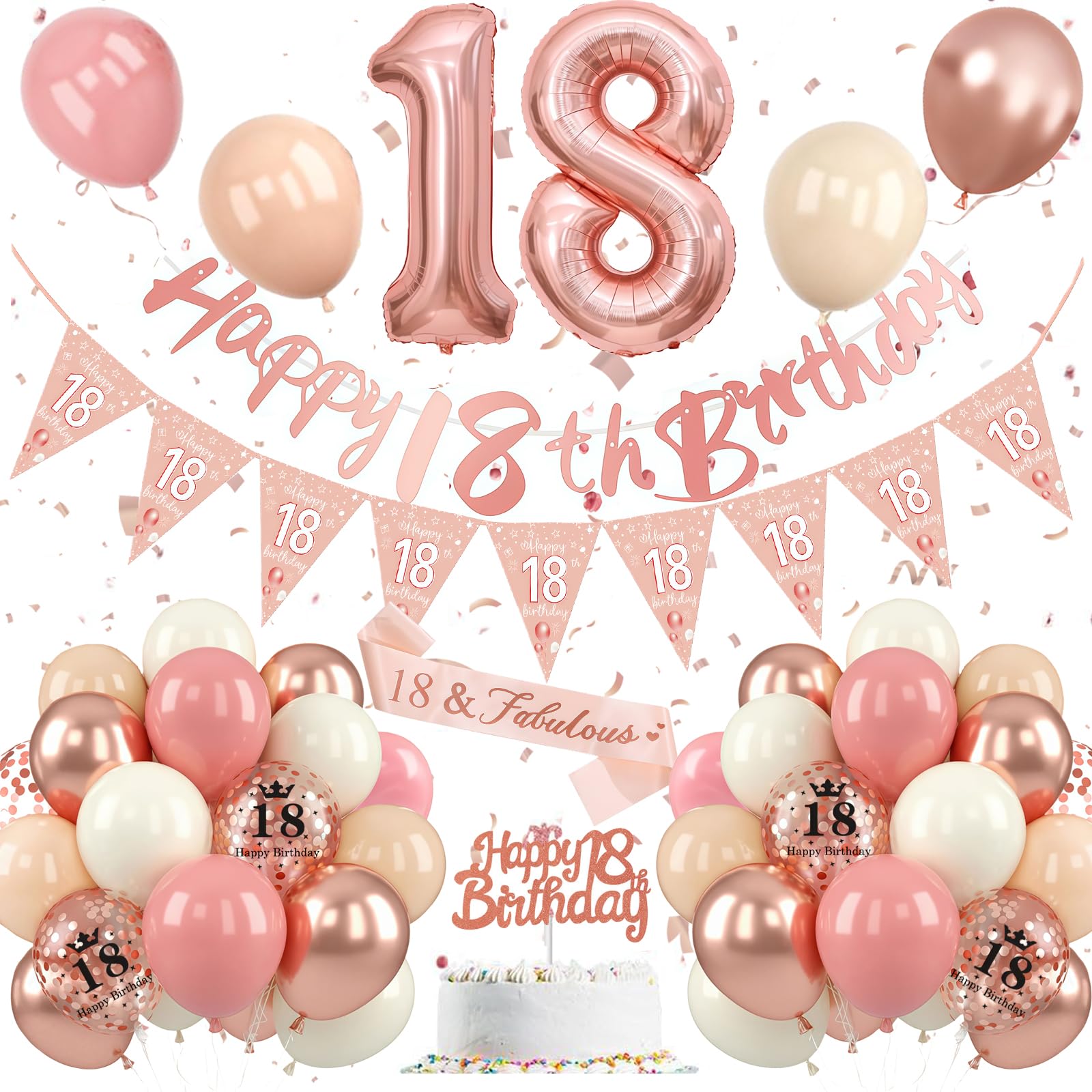 18th Birthday Decoration Rose Gold, 18th Birthday Decoration Set Pink and White, 18th Birthday Decorations, Number 18 Balloons with Banner, Cake Topper for Girls, 18th Birthday Party Decorations