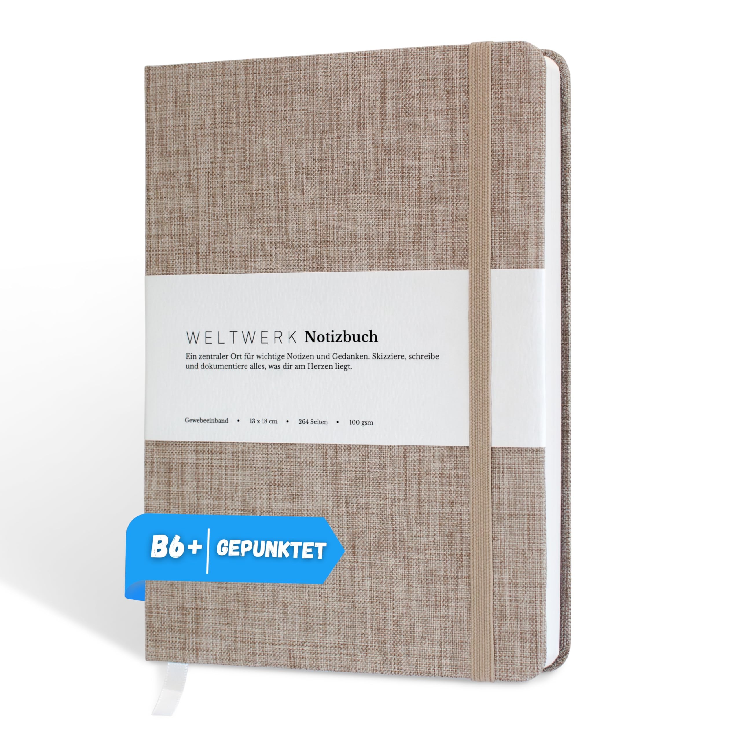Notatnik B6+ [Dotted, lniany beżowy] wysokiej jakości notatnik z papierem o gramaturze 100 g/m², okładka z tkaniny i gumowa taśma – mały notatnik z 264 stronami do Bullet Journaling, szkiców
