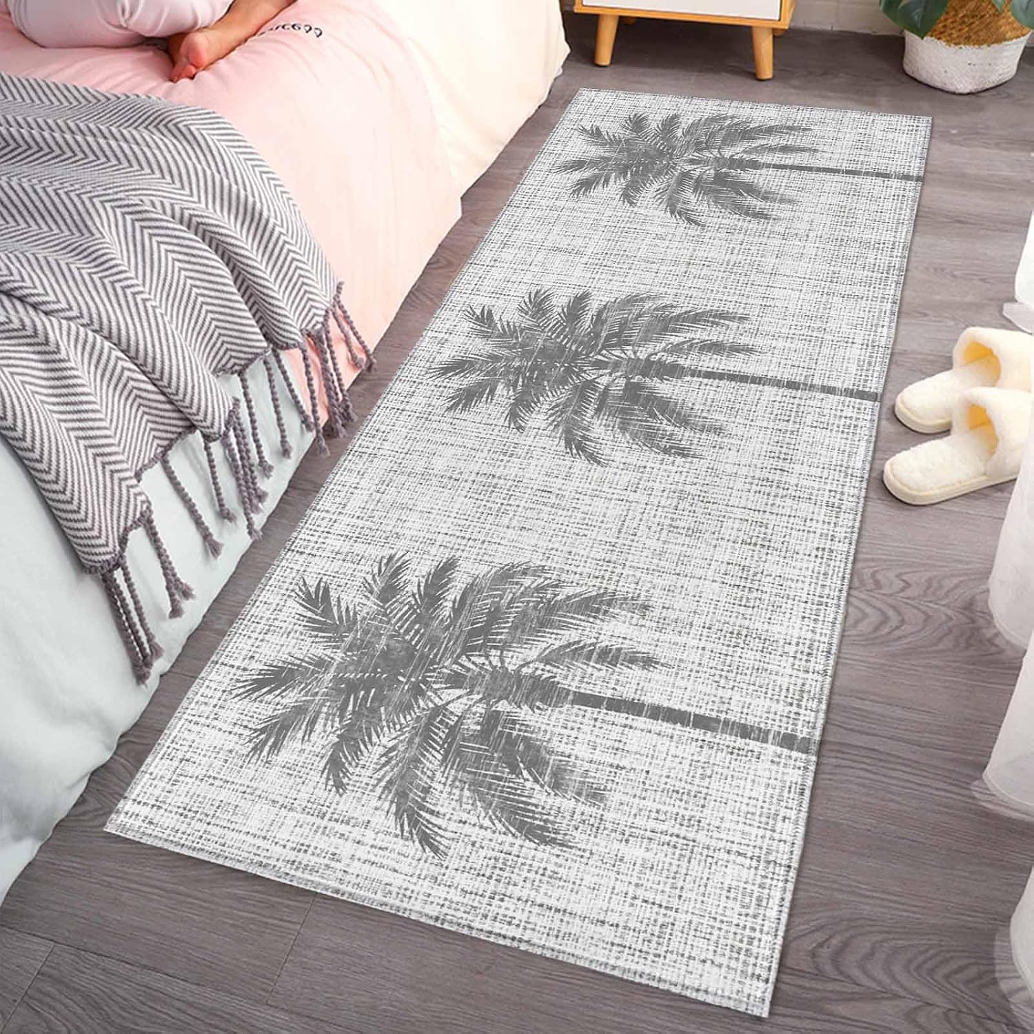 Kitchen Mats for Floor Watercolor Palm Tree Gray Washable Non Slip Kitchen Rugs 1PCS, Vintage Burlap Linen Texture Absorbent Standing Mats for Sink Bathroom Office Living Room 23.6x70.9in