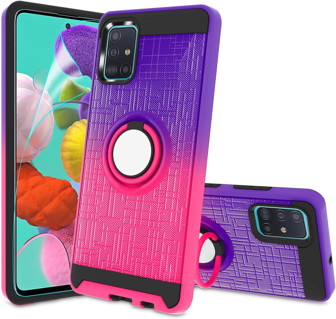 ATUMP Galaxy A51 Case,A51 Phone Case with HD Screen Protector, 360 Degree Rotating Ring Holder Kickstand Bracket Cover Phone Case for Samsung Galaxy A51 Purple/Red