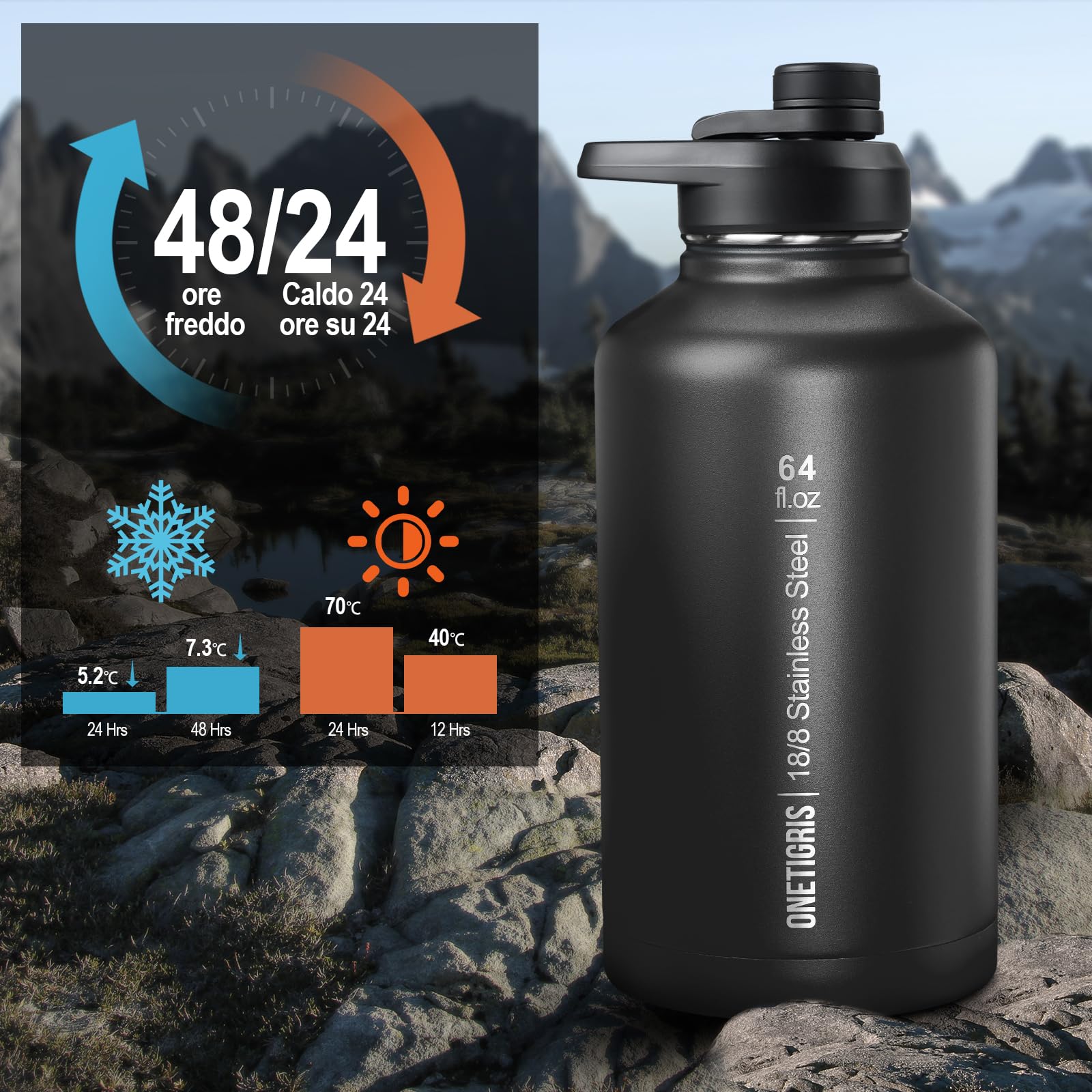 OneTigris Borraccia in acciaio inox 1,9L, alta capacità, borraccia sportiva con buon effetto isolante per bicicletta, campeggio, yoga, palestra, softair, nero, 64 OZ