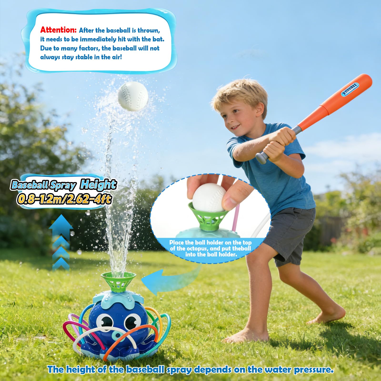 Wassersprinkler Baseballspielzeug, Octopus Kids Wassersprinkler T-Ball-Set mit Schläger 4 Bällen 2-in-1 Sommer Spielzeug für Draußen Rasenspiele für Kinder von 3 bis 12 Jahren (Blau)