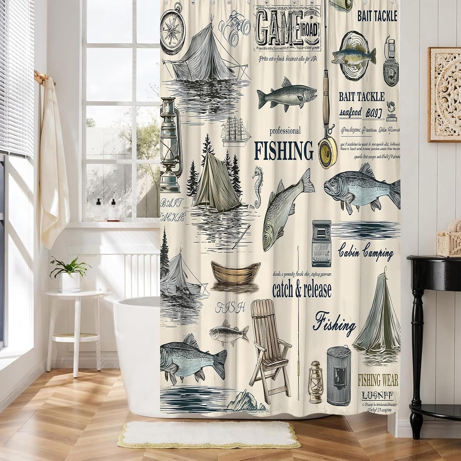 Fish Shower Curtain,Vintage Fishing Cabin Rustic Farmhouse Beige Polyester Bathroom Curtain with 12 Hooks,Bathtub Home Decor,70x84 Inch