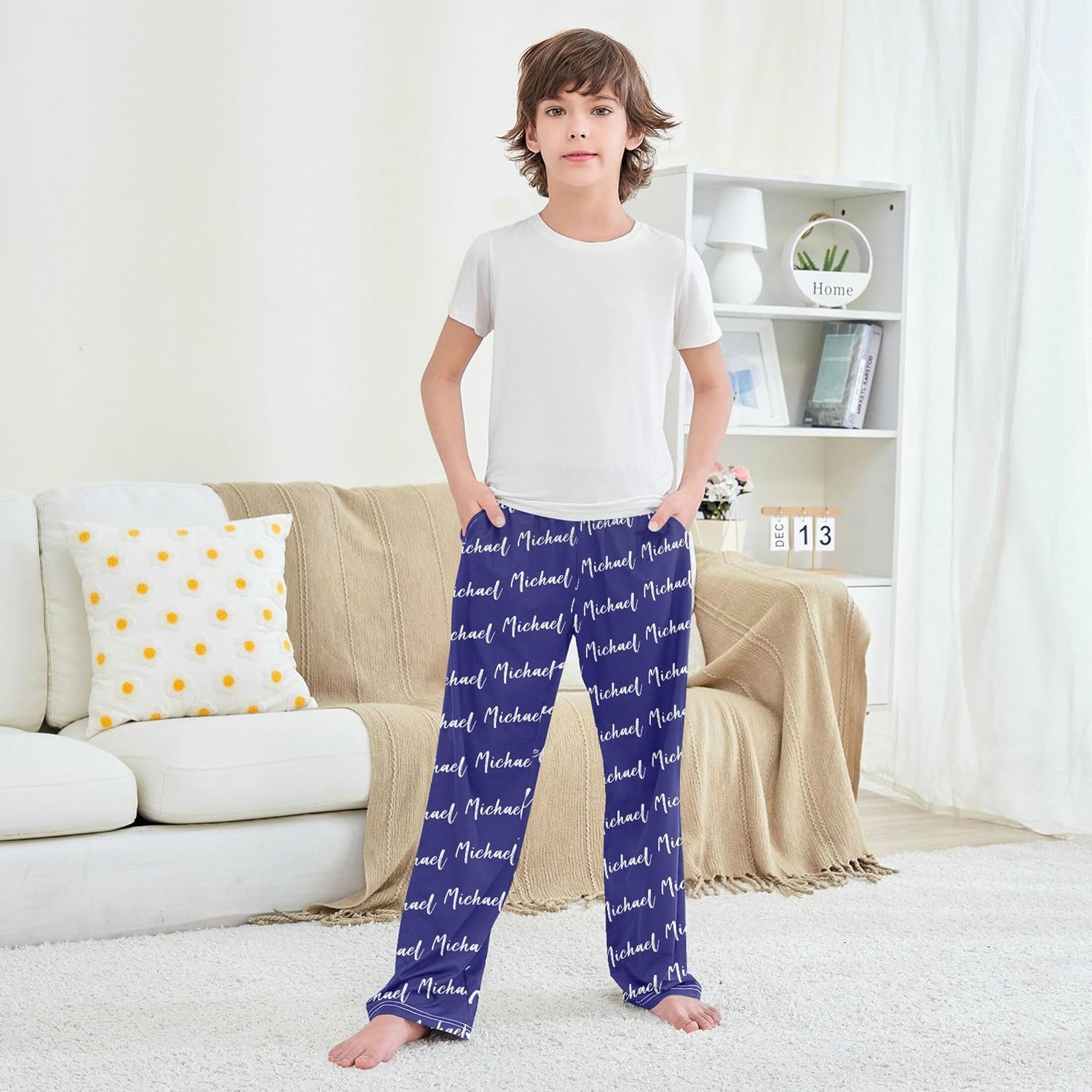 Blue Custom Pajama Pants with Pocket Personalized Soft Pj Bottom Sleep Pants for 6-14 Years