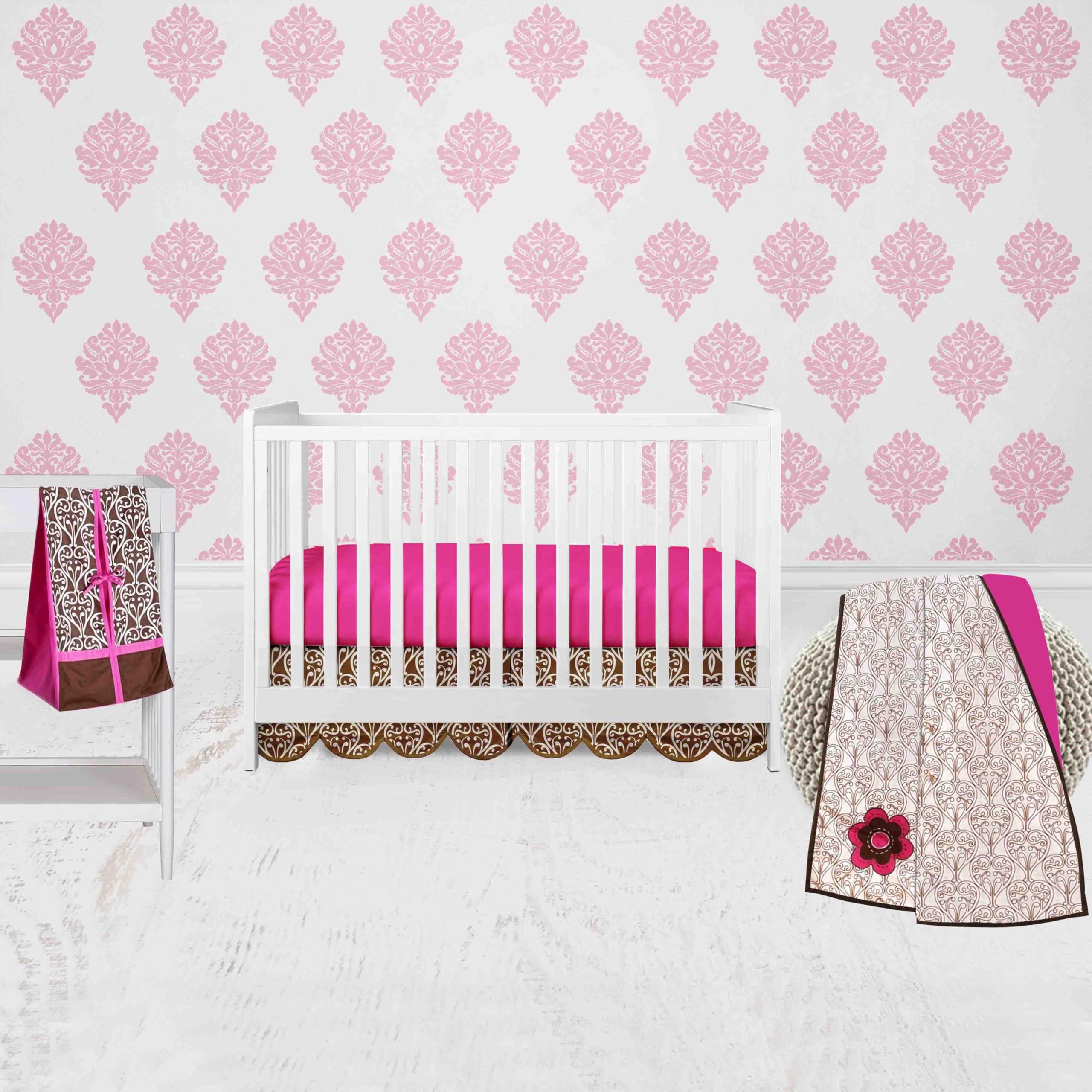 Bacati - Damask Pink Fuschia Chocolate 4 pc Crib Bedding Set with Diaper Caddy