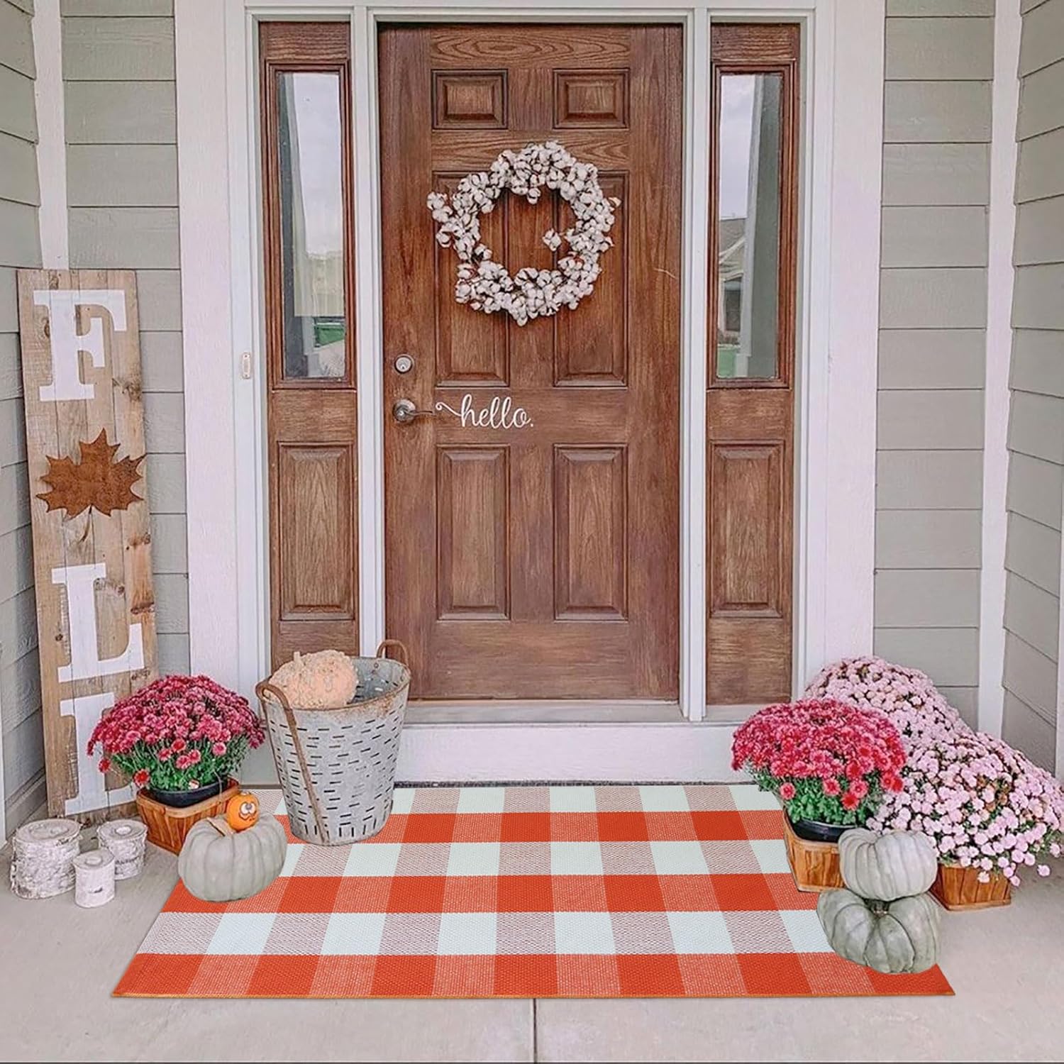 Fall Outdoor Rug Orange Buffalo Plaid Outdoor Rug Cotton Hand-Woven Buffalo Check Rug Layered Doormats for Front Door/Front Porch/Farmhouse/Entryway/Patio 2' x 4'3" (Rectangular) Orange and White Plaid