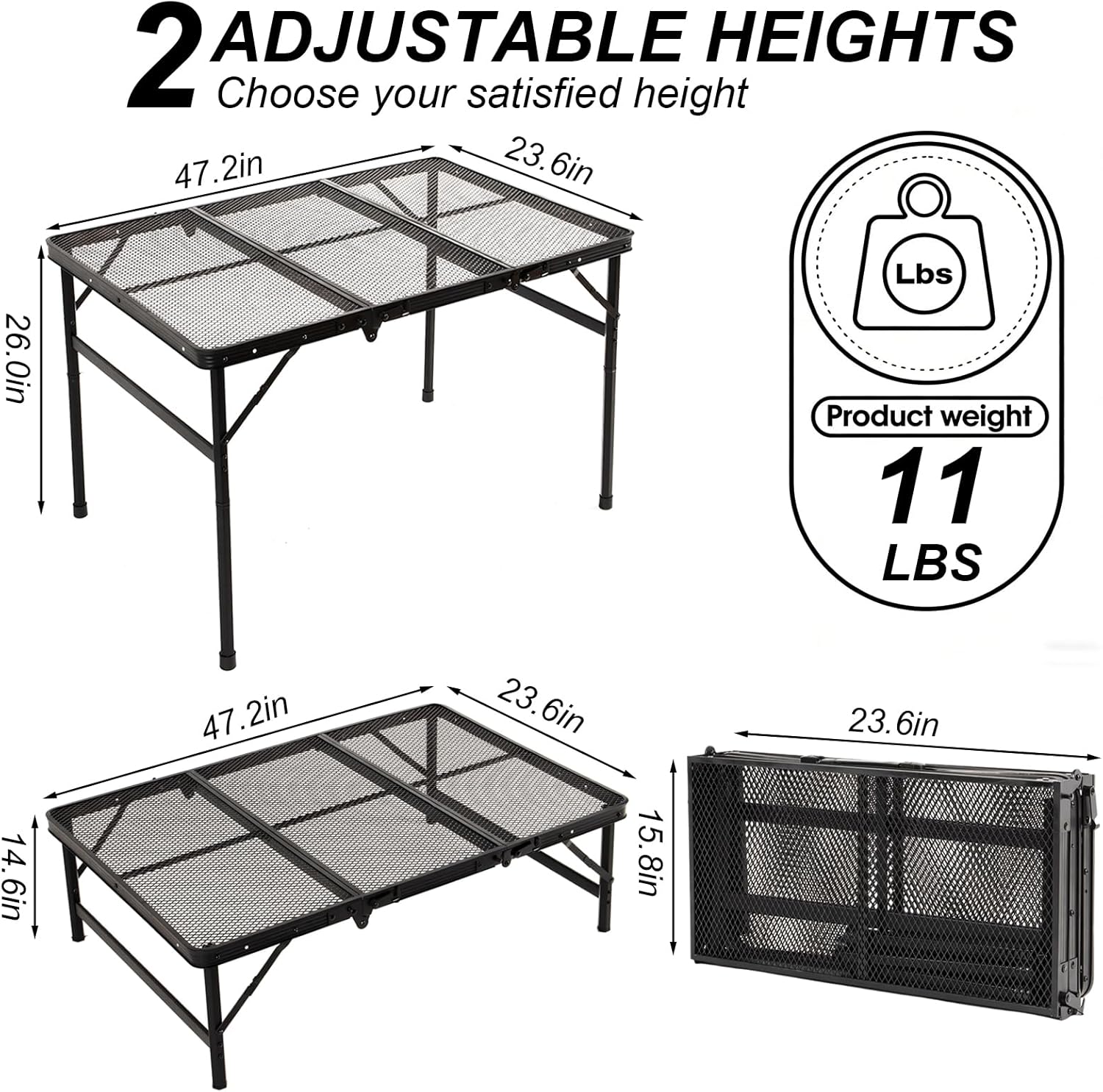 Folding Grill Table, Camping Table with Mesh Desktop and Mesh Bag, 2 Height Adjustable Portable Metal Picnic Table for Outdoor BBQ Cooking, 47.2" L x 23.6" W