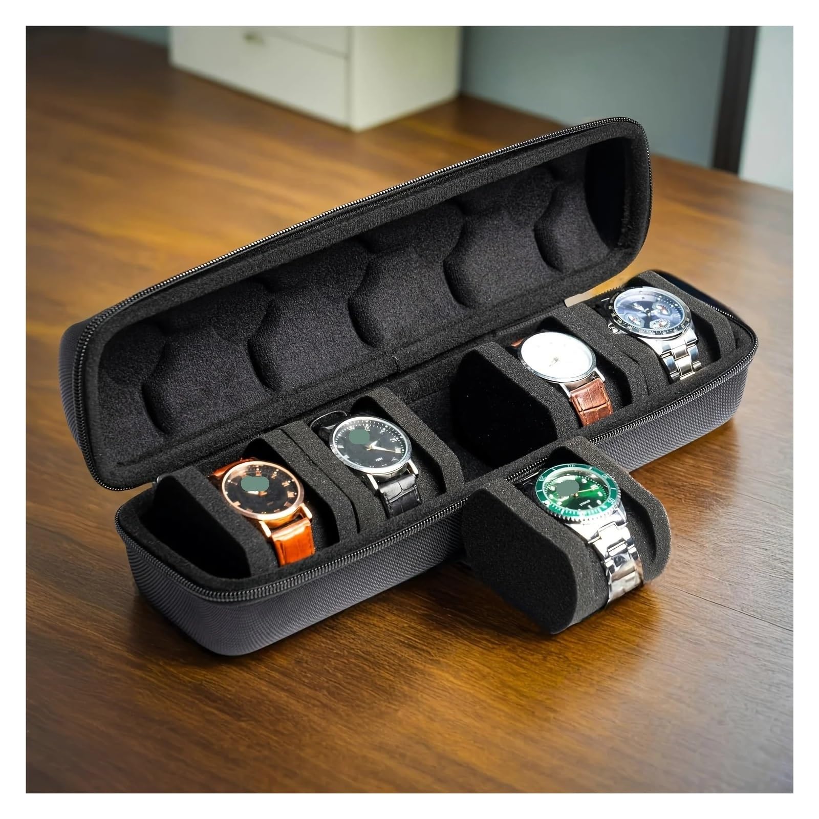 1 Stück 5-Slot Uhrengehäuse Hartschalen-Reise-Organizer mit Kisseneinsatz - Schwarz Geeignet for die Aufbewahrung von Smartwatches zur Aufbewahrung von Uhren