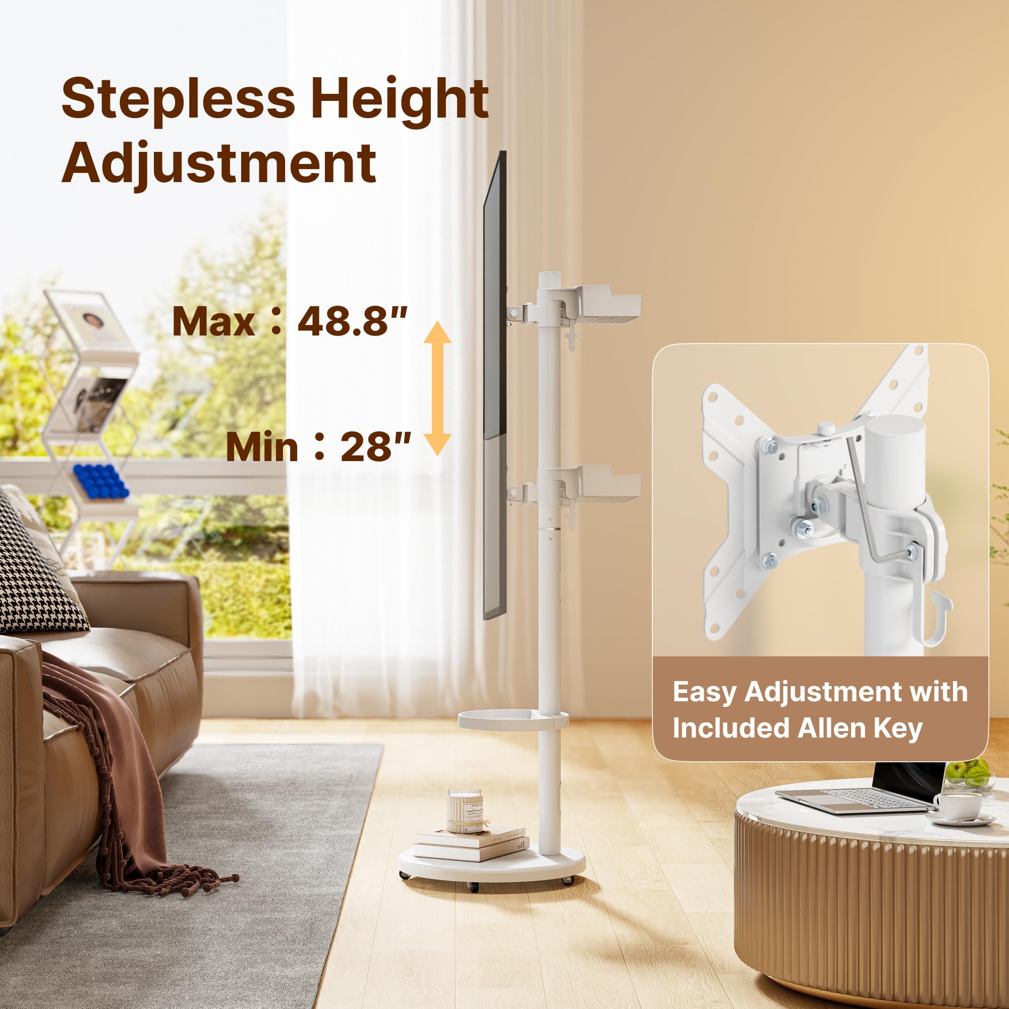 Height Adjustable Rolling TV Stand for 13-43 Inch TV up to 33 Pounds, Portrait to Landscape, Mobile TV Cart with Adjustable Storage Box and Shelf Max VESA 200x200mm, White - 3