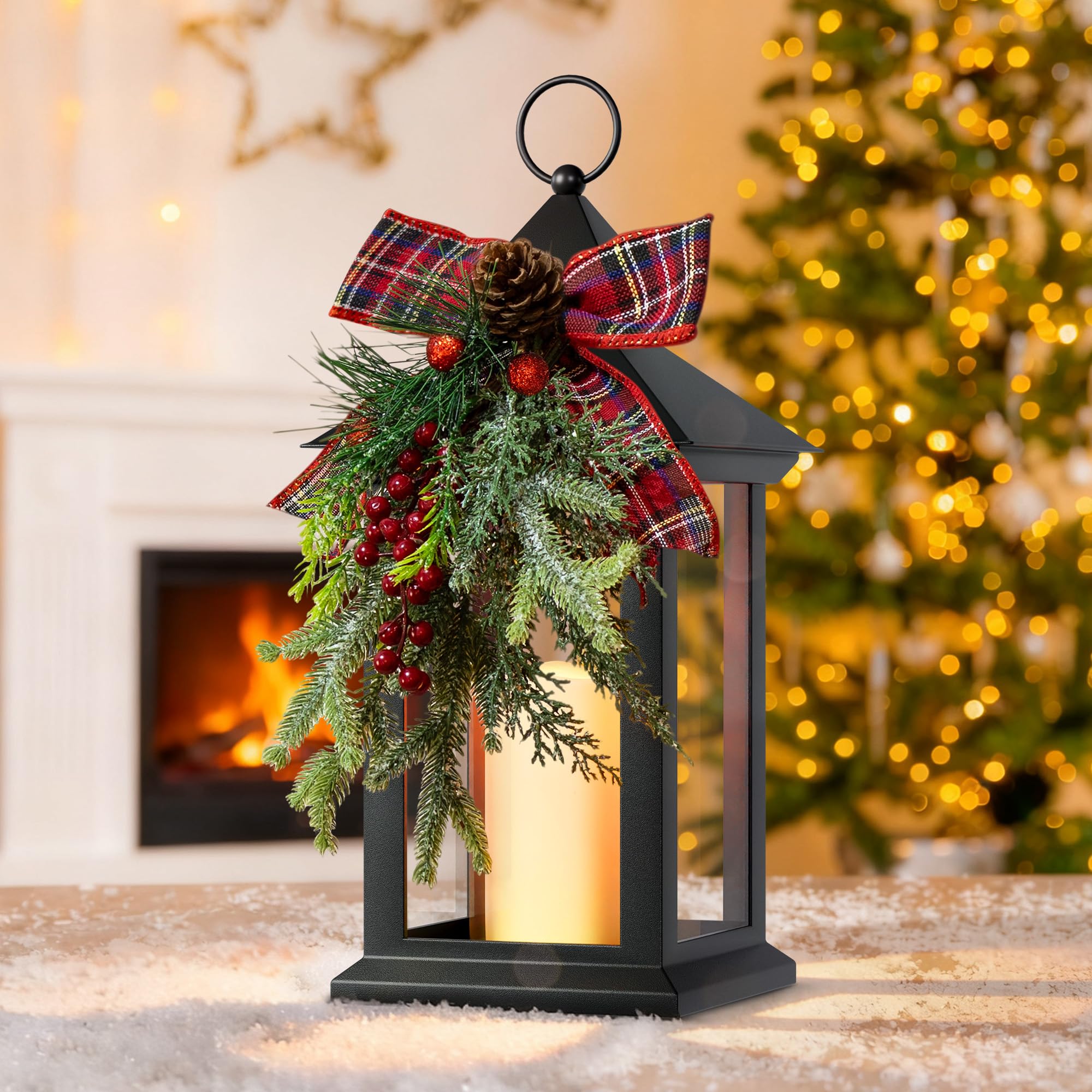 Christmas Decorative Lantern with LED Candle – Black Holiday Lantern with Pinecones, Red Bow – Battery Operated Christmas Table Centerpiece for Indoor/Outdoor Decor(1pack)