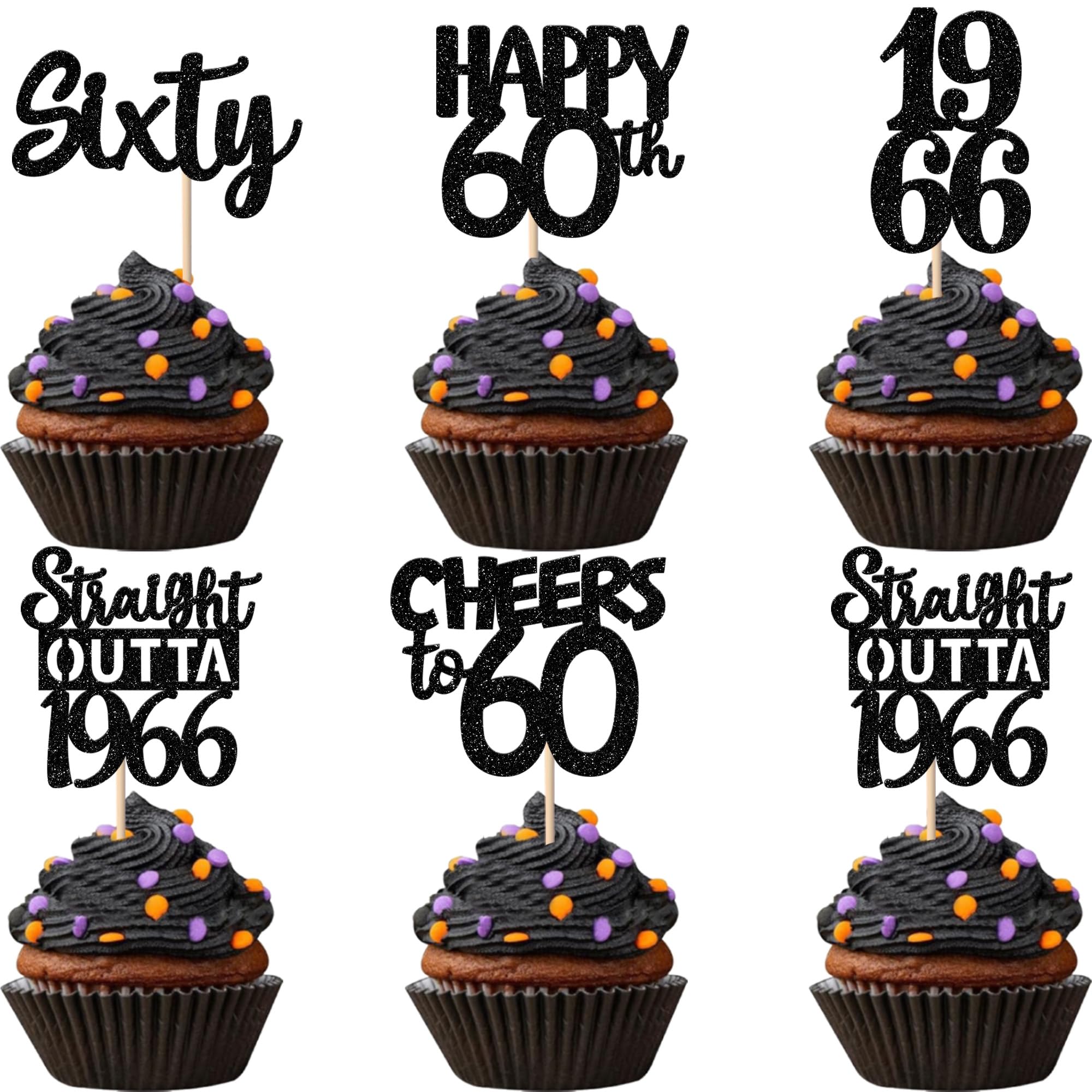 30PCS Black 60th Birthday Cupcake Toppers Glitter Sixty Happy 60 Straight Outta 1966 Cupcake Picks for Cheers to 60 Years 60th Birthday Wedding