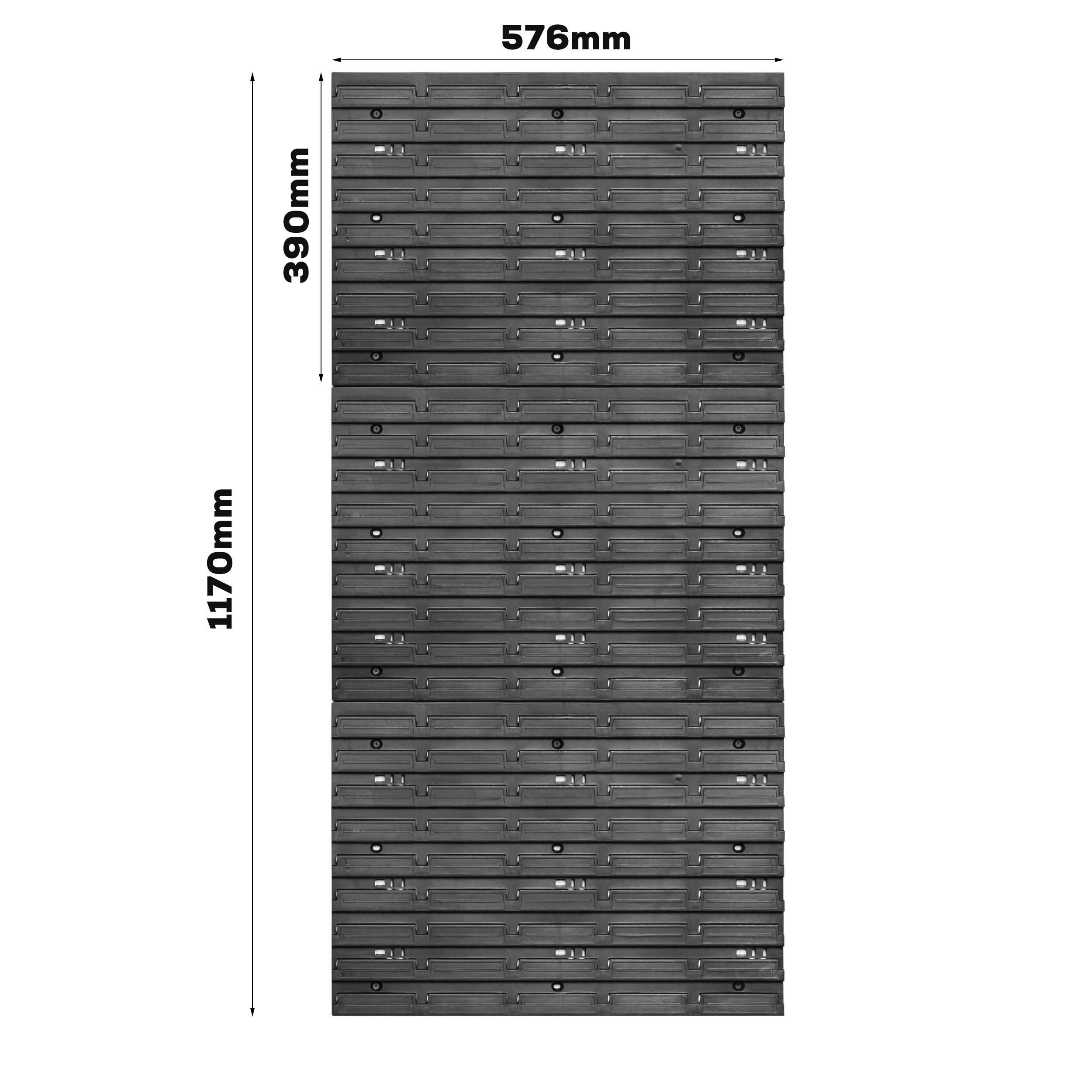 System magazynowy, regał ścienny, 576 x 1170 mm, 57 sztuk, pudełka do układania w stos, półki magazynowe, bardzo mocne płyty ścienne, możliwość rozszerzenia, regał warsztatowy, regał magazynowy, regał