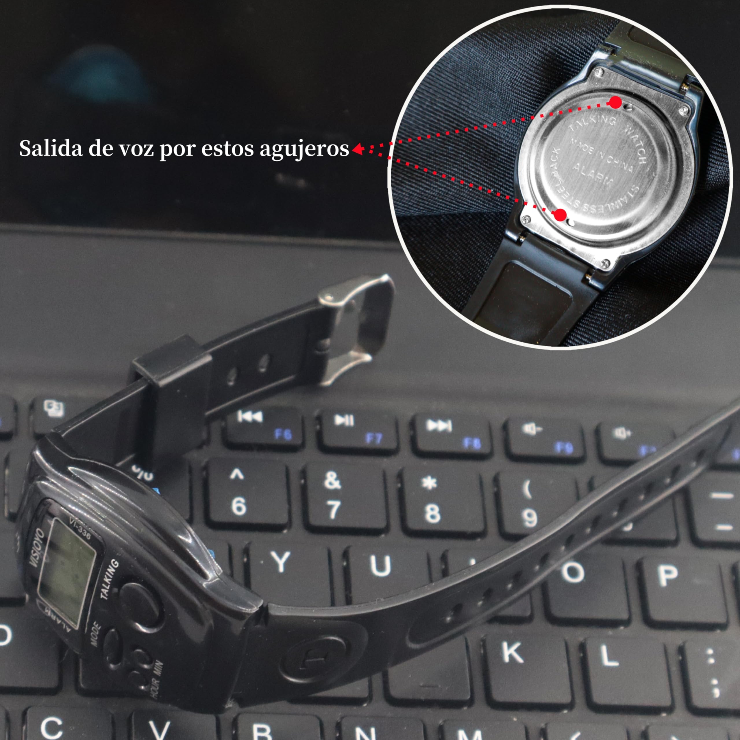 Orologio parlante in spagnolo per non vedenti - con voce chiara per non veggenti e adulti più anziani | dice automaticamente l'ora e allarme | Include cinturino in nylon resistente