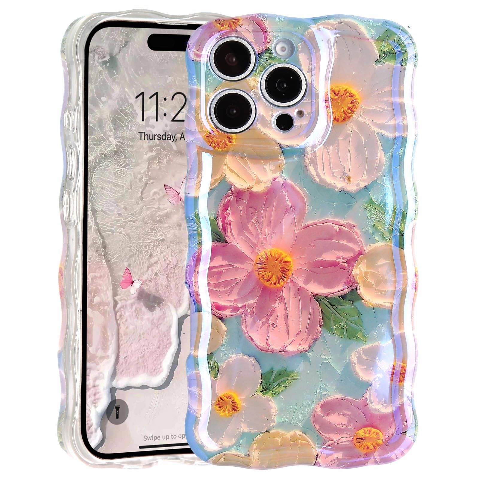 SptPofp Case for iPhone 15 Pro, Colorful Retro Oil Painting Aesthetic Flowers Glossy Design Cute Curly Wavy Edge Easy Grip Soft Bumper Protective Slim