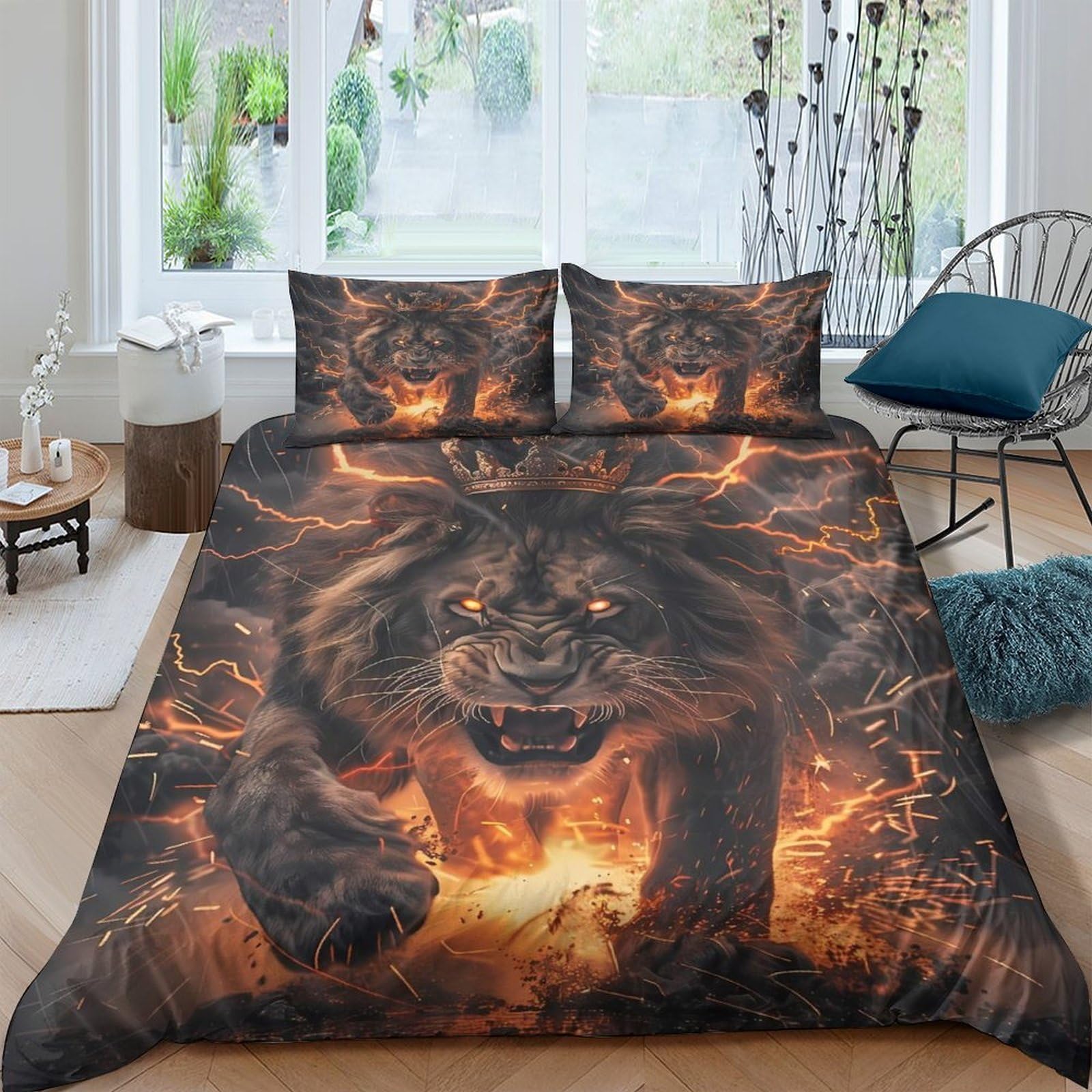 Ctjqhvkz Style-2 3D Printed Fiery Lion Fitted Sheet Microfiber Soft Mattress Cover For Bedroom Dorm Decor Anti-Slip Washable Single（135X200cm）