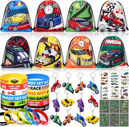 Miniatura 1 de Winrayk Juego de 12 regalos de fiesta de coche de carreras, suministros de cumpleaños, bolsa de carreras con cordón, pulsera luminosa para tatuaje,