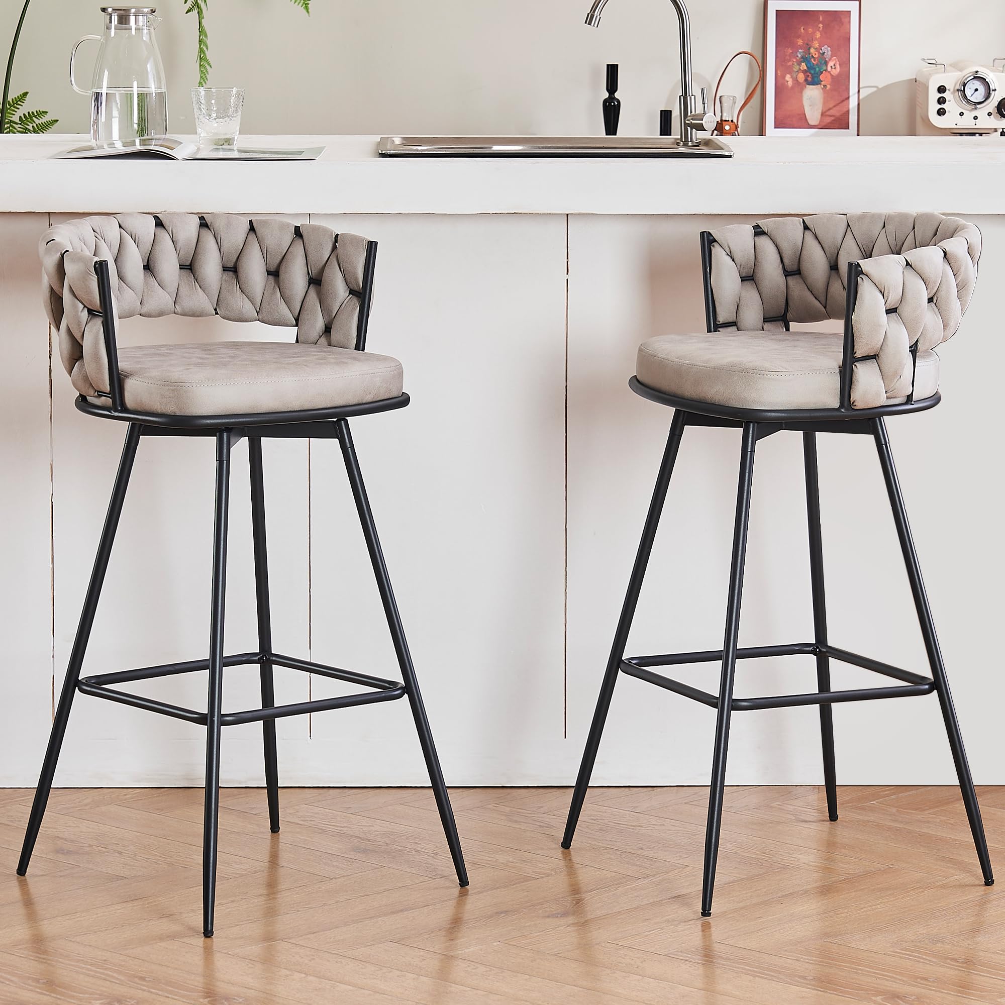 MoomJiee 30inch Bar Stools Set of 2,360° Swivel Counter Height Bar Stools, Suede Fabric Modern Stool Chairs with Woven Back and Footrest for Kitchen