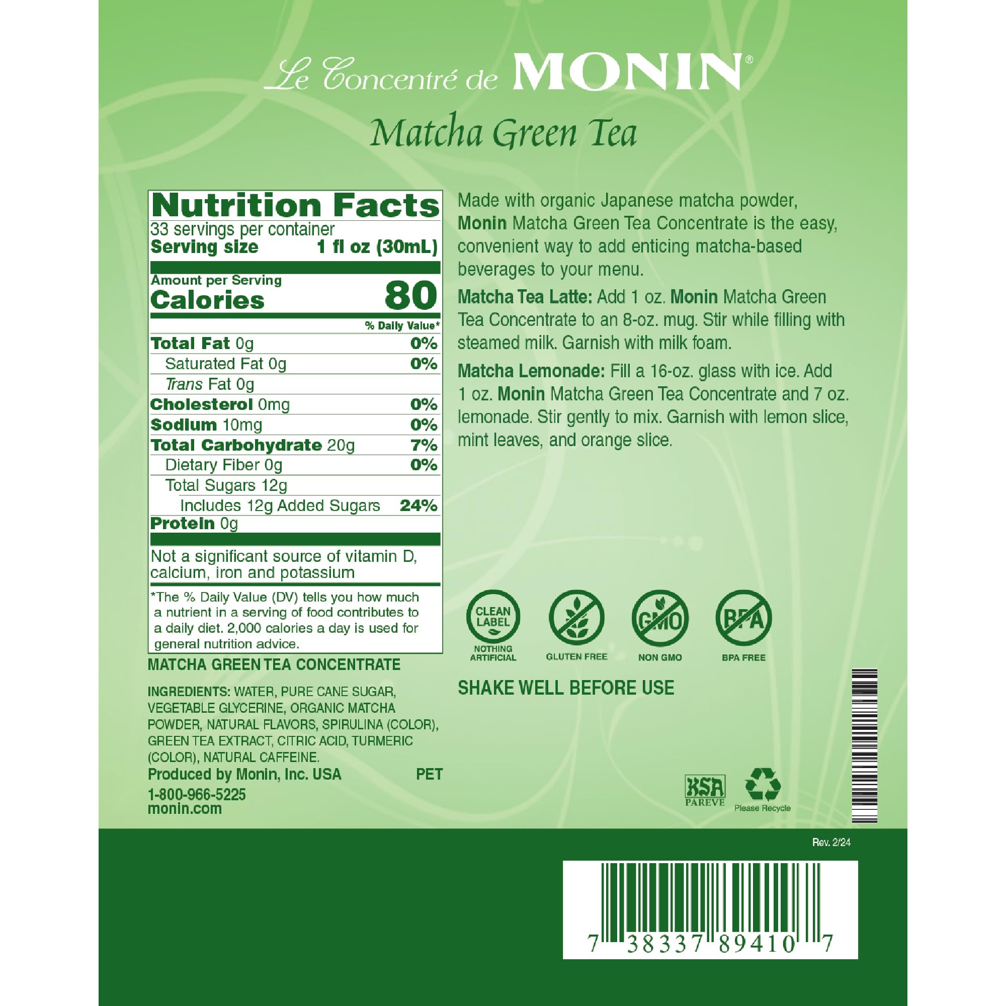 Monin - Matcha Green Tea Concentrate Made with Organic Japanese Matcha Powder 40mg Caffeine Per Serving Great for — view 2