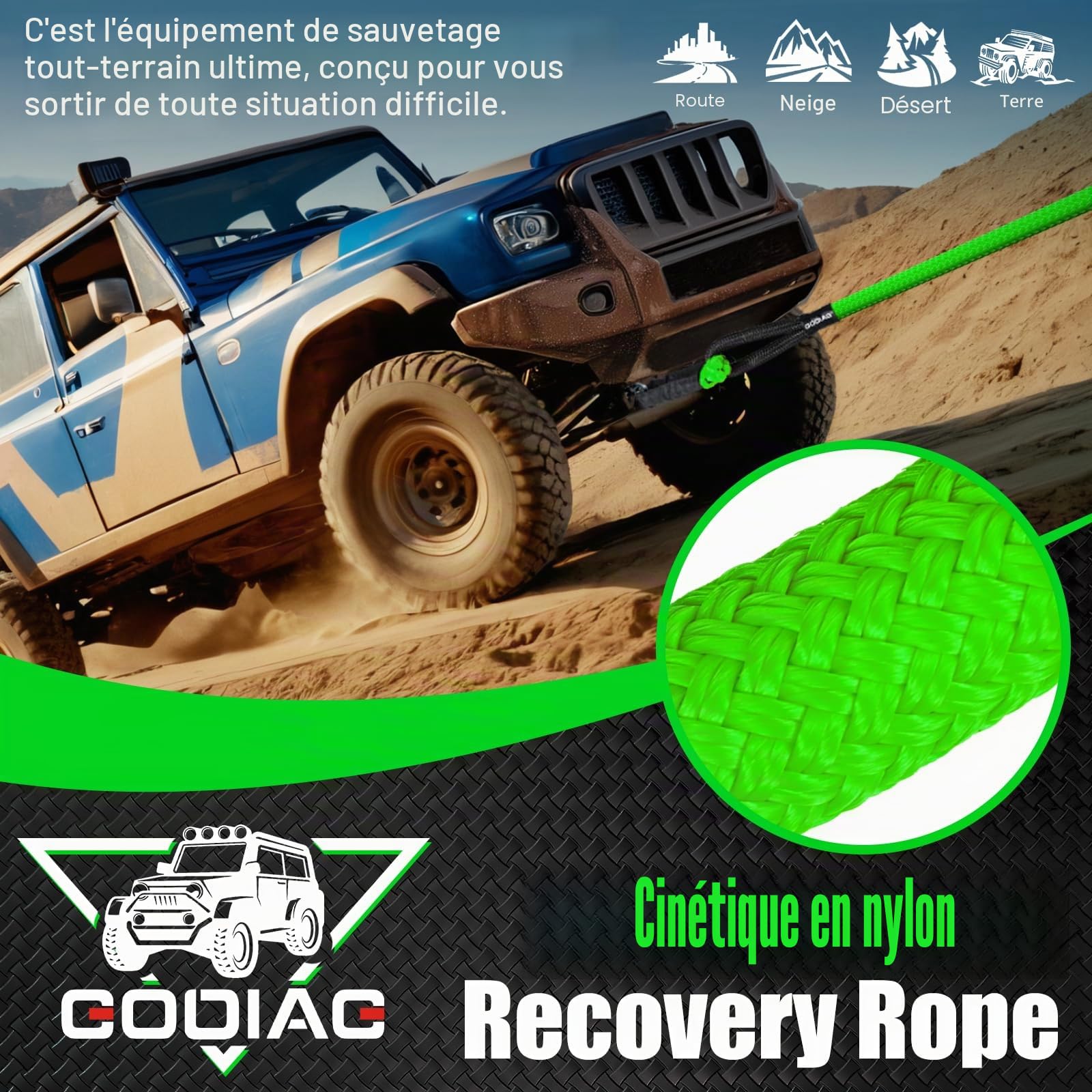 GODIAG 9m Corde de Remorquage Voiture avec Gants Antidérapants et Sac de Rangement, Capacité de Charge 36500 LBS, Sangle de Remorquage pour Le Secours Routier des Camions, Camionnettes et ATV, Vert