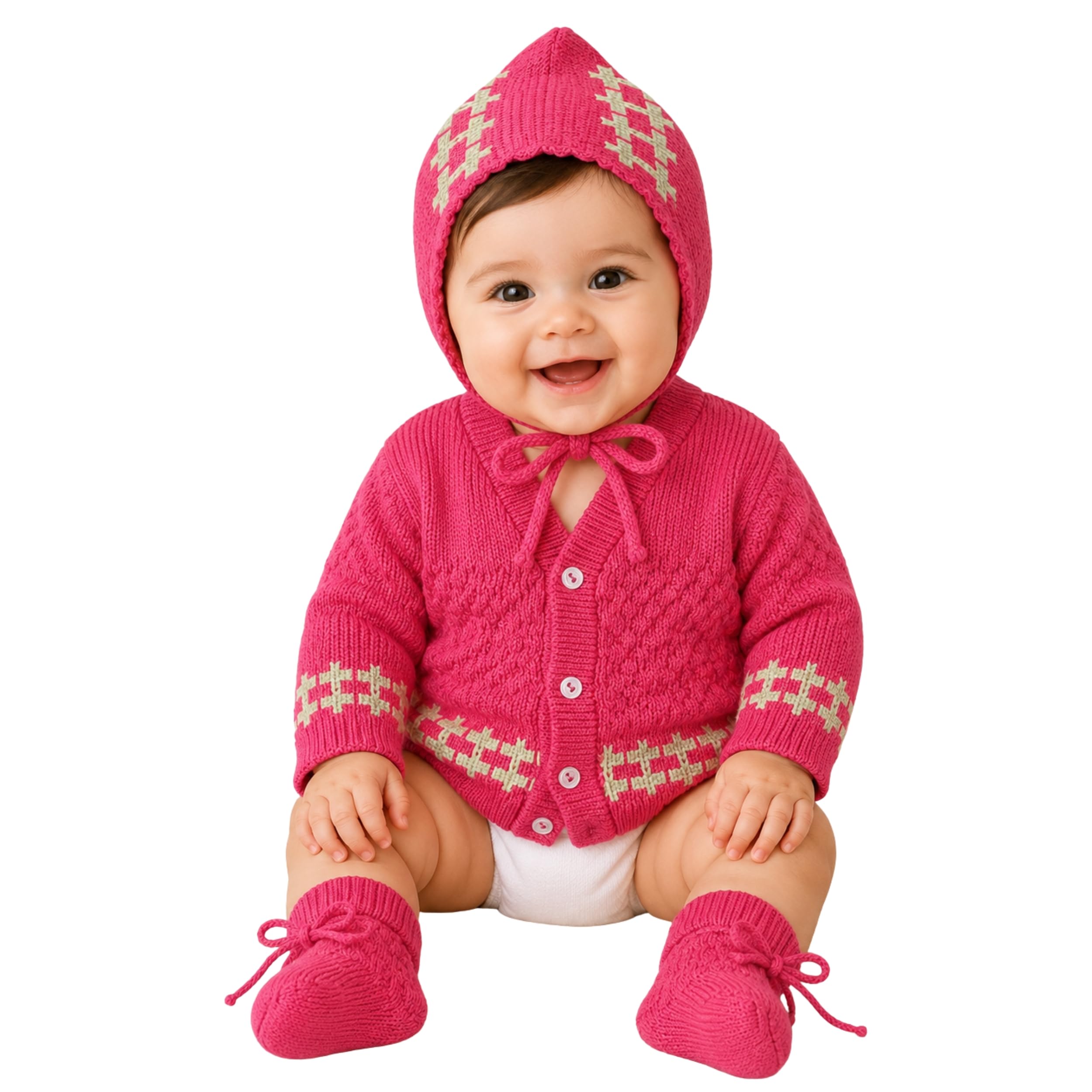 Baby Woolen Sweater Set for Winter | Knitted Cardigan with Tie-Up Cap & Socks | Soft Warm 3 Piece Baby Clothing Set-image-43