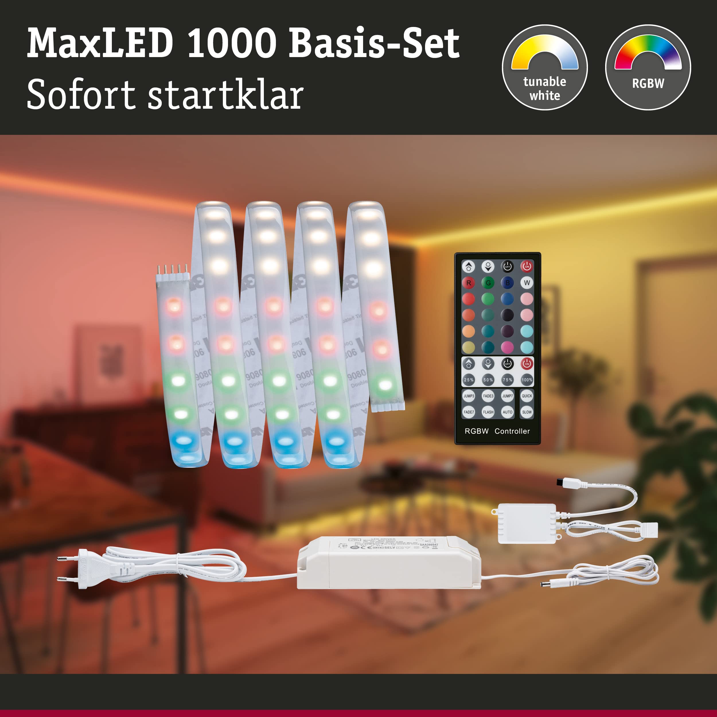 Paulmann 70528 MaxLED 1000 LED Strip RGBW Basisset IP44 18W 1000lm/m dimmbar 1,5m Silber Kunststoff 72LEDs/m 25VA